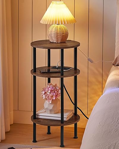 Mesa auxiliar redonda con estación de carga, mesa auxiliar redonda pequeña, mesas auxiliares de sofá de 3 niveles para espacios pequeños, mesita de