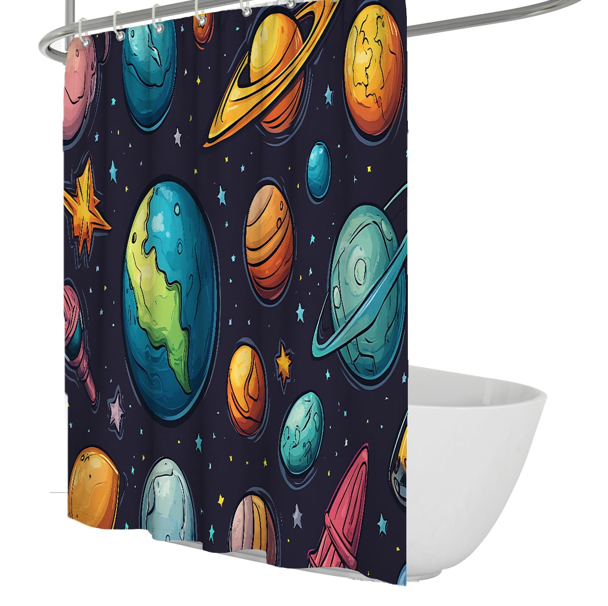 OLLIAR Home Space Shower Curtain Cartoon Planet Shower Curtains Cute Galaxy Bath Curtains for Children Waterproof Galaxy Universe Bathroom Decor with Hooks 150x180cm