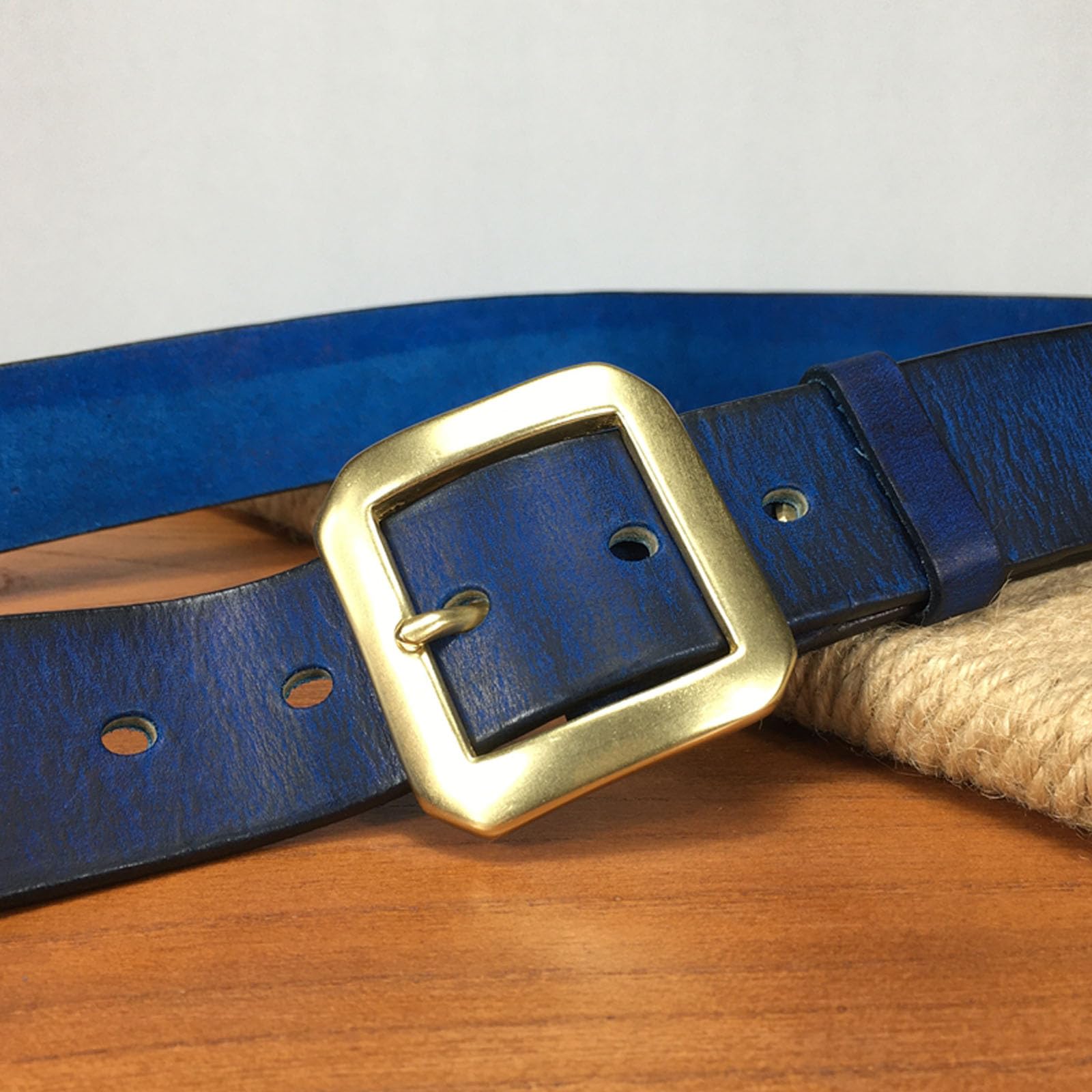 Cinturon Mujer Azul, Cinturón Ancho Ajustable de Cuero Genuino Vintage para Vaquero Casual Con Hebilla de Metal de Latón, 3.8CM