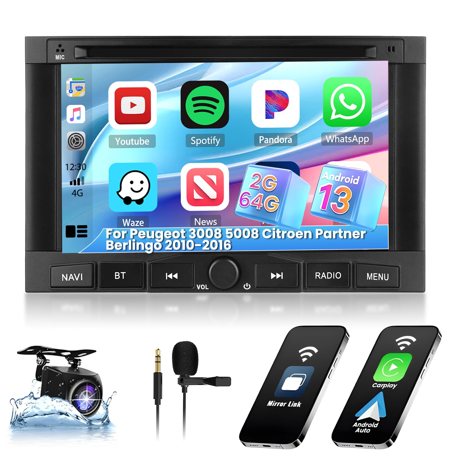 Autoradio Android 9" Pour Citroën Berlingo B9 / Peugeot Partner - 4Go/64Go, Android 15, Carplay/Android Auto Sans Fil, Caméra De Recul