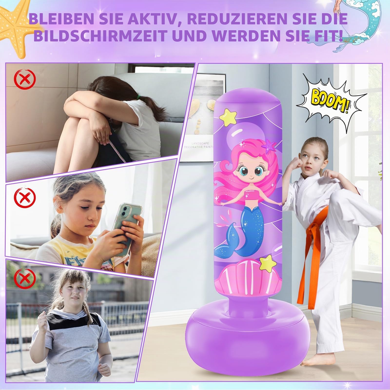 Boxsack für Kinder, 168cm Großer Aufblasbarer Kinder Boxsack mit Boxhandschuhen, Tolles Geschenk für Kinde r, Mädchen im Alter von 5–12 Jahren, Boxset zum Üben von Karate, Taekwondo, MMA