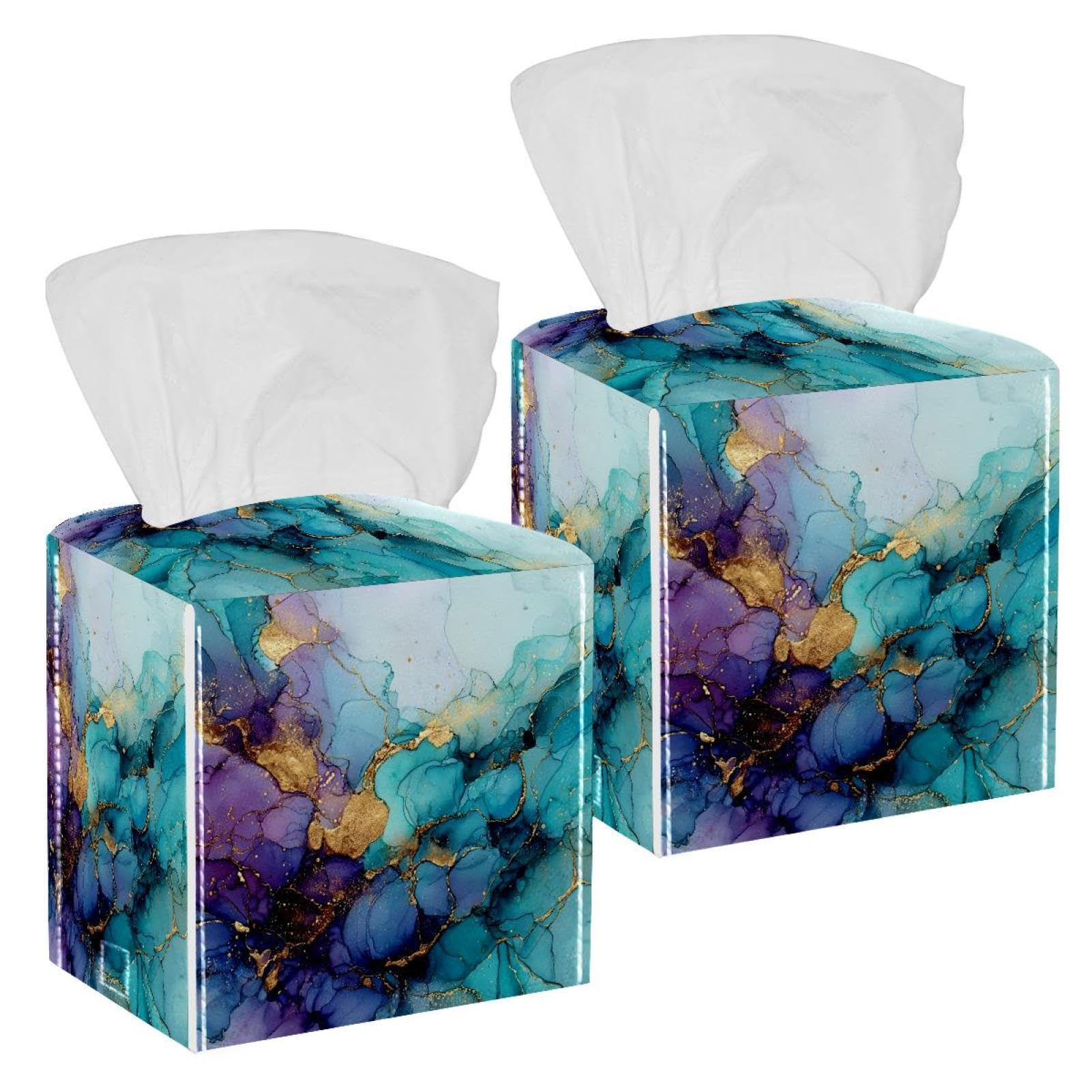 Marble Texture Tissue Box Cover, 2 Pack PU Leather Square Facial Tissue Dispenser Box holder for Home Office Car
