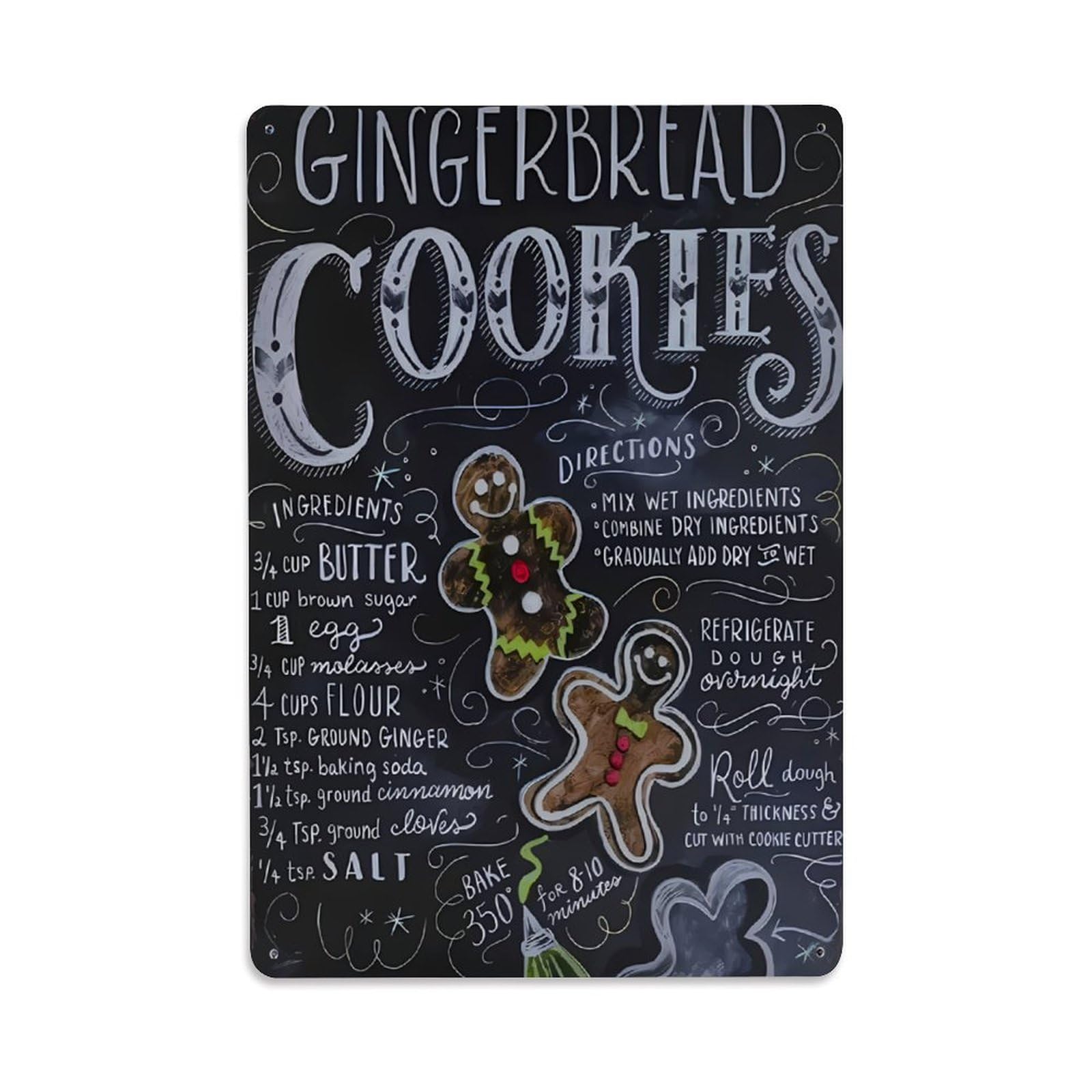 Gingerbread Cookies Recipe Vintage Chalk Plaque Vintage Aluminium Metal Sign, Retro Wall Decor for Home, Bar, Garage & Farmhouse 30x20cm