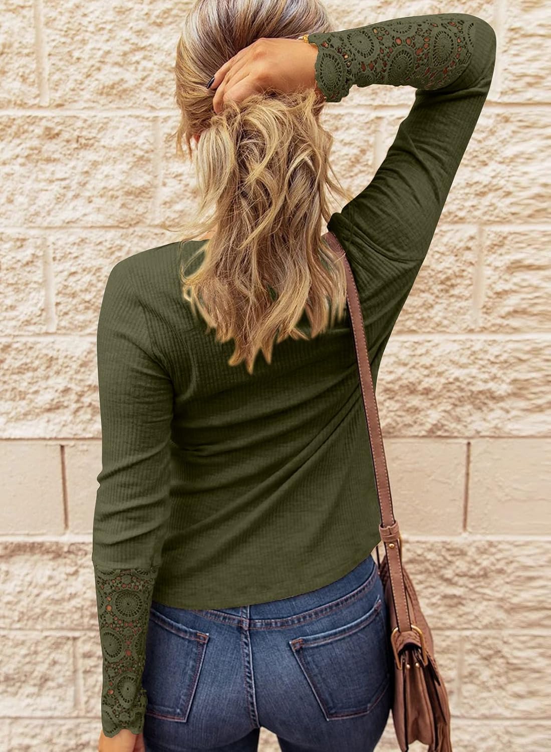 BTFBM Women Long Sleeve V Neck Button Up Solid Tops Blouses Trendy Slim Fit Lace Sleeves Ribbed Knit Casual Shirts Tunic