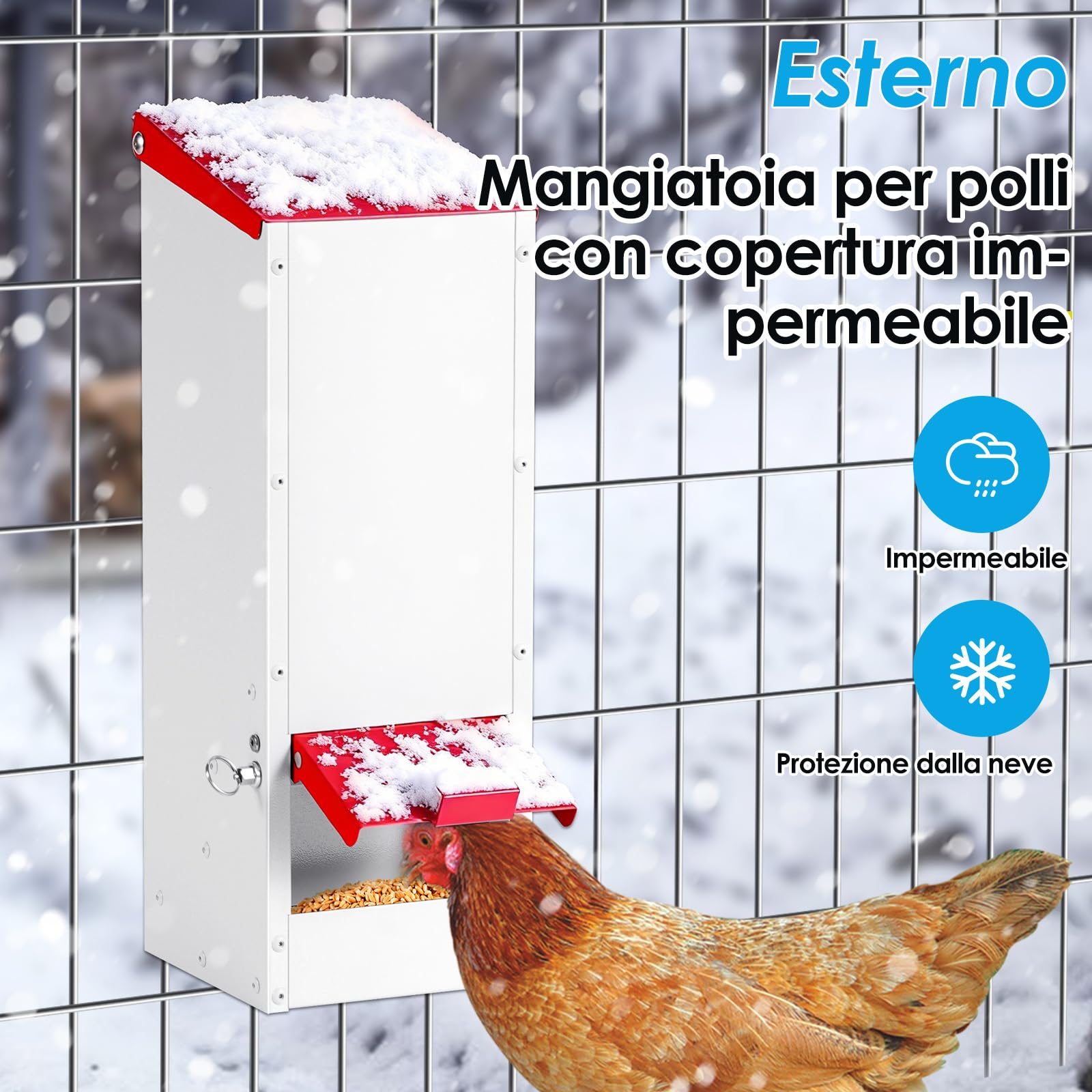 Mangiatoia per Galline a Zincata 3 Kg, Alimentatore Automatico da Appendere, Tramoggia per Polli, Antipioggia Contenitore per Granaglie, Antitopo Antispreco