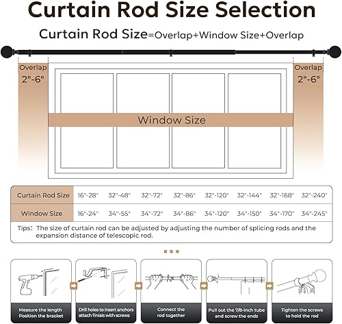 Miniatura 6 de Zeerobee Barras de cortina para ventanas de 120 a 240, barra de cortina negra ajustable de 1 pulgada de alta resistencia, poste de cortina moderno