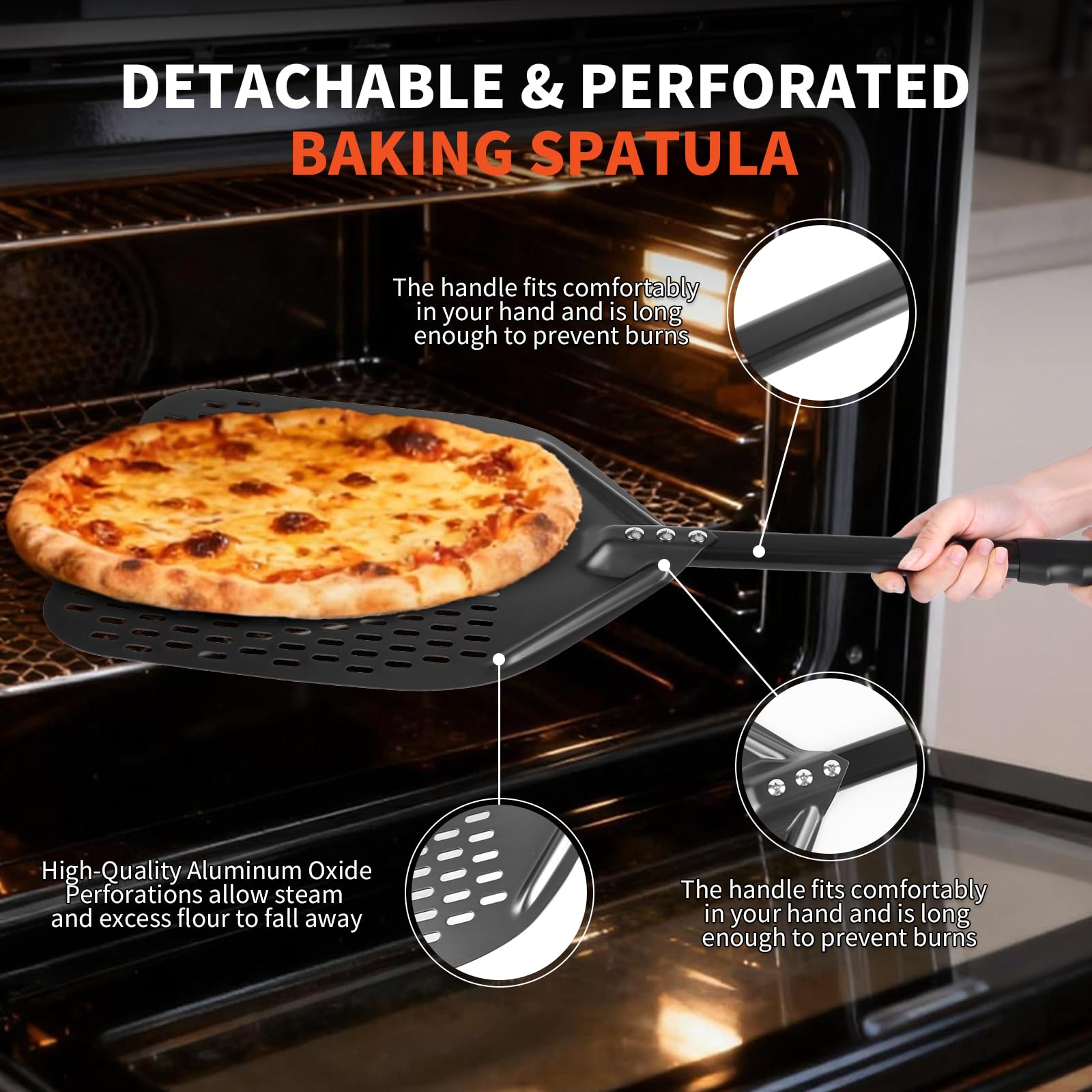 Perforierter Pizzaschieber 12 zoll Pizza Schaufel aus Harteloxiertem Aluminium mit 32cm Pizzamesser für Hausgemachte Pizza & Brot ideal für Pizzastein Backofen & Grill
