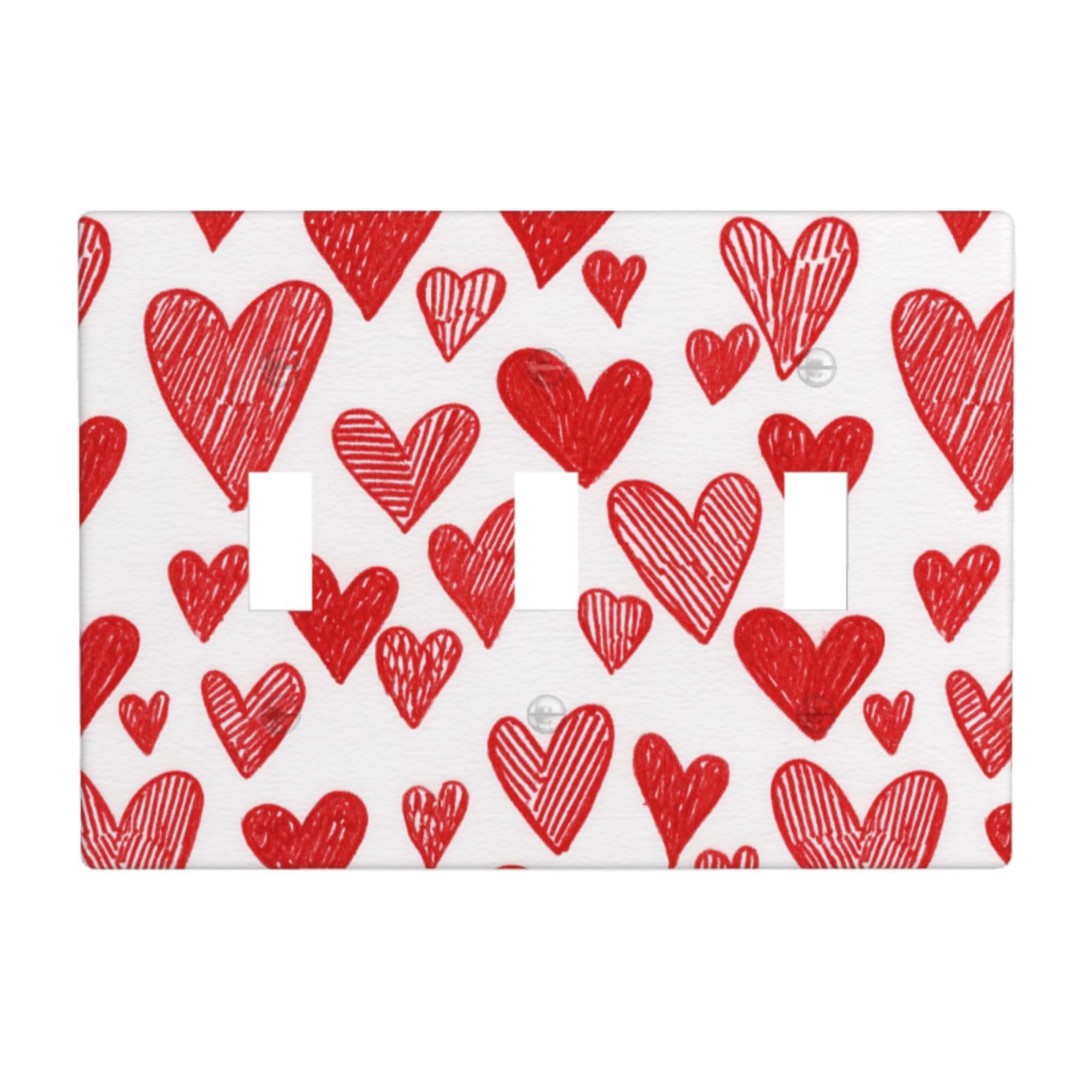 Red Hand-Drawn Hearts Light Switch Covers 3 Gang Triple Toggle Wall Plate Switchplate Electrical Faceplate for Bathroom Kitchen Bedroom Decor