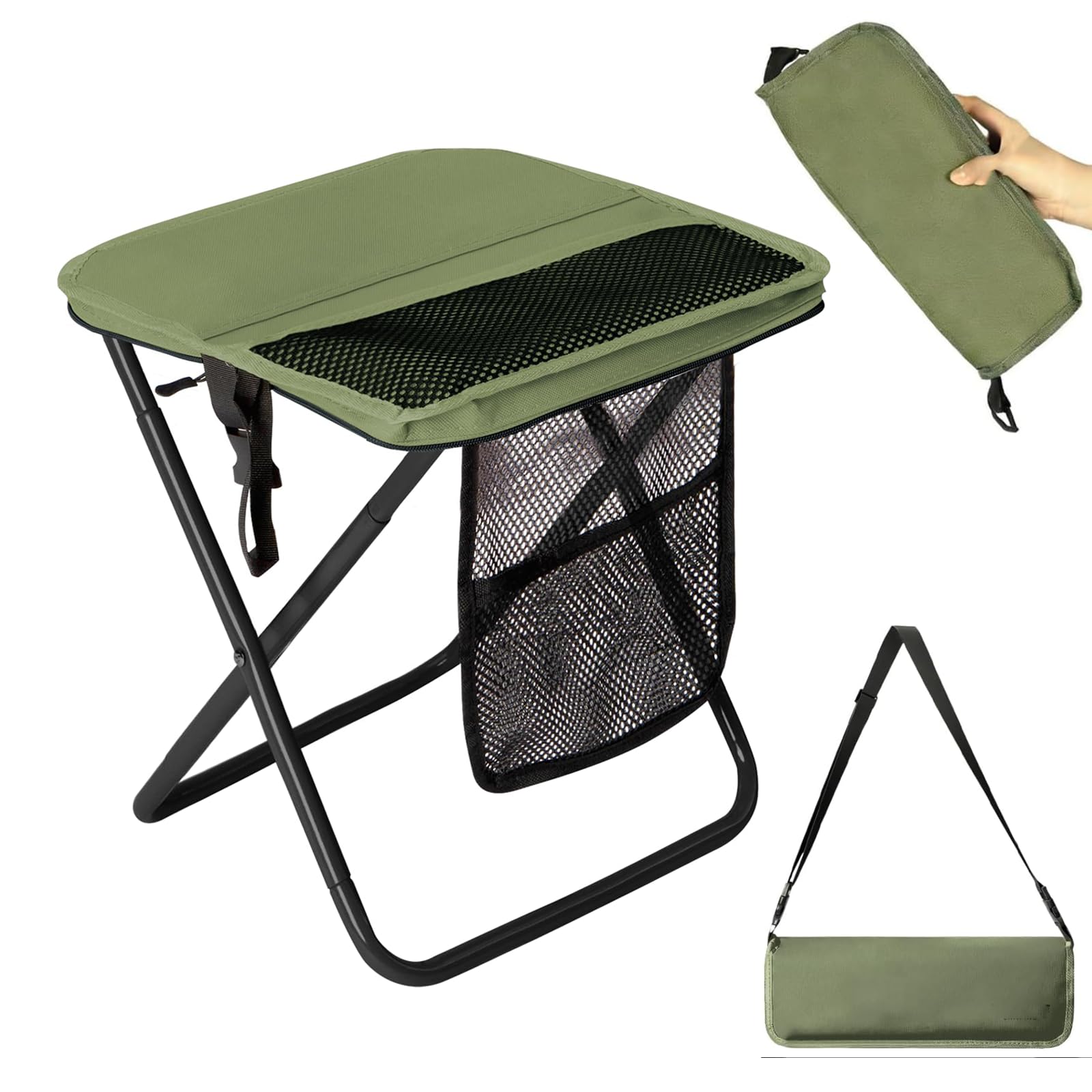 Portable chair Stool,16″Folding Stool with 3 Side Pockets and Shoulder Strap, Extra Large Folding folding camping stool Supports 400 lbs, Ultralight Portable Seat for Camping, Hiking, Fishing (Green)