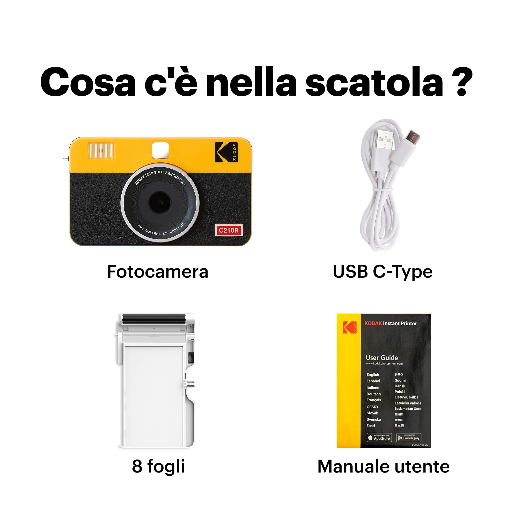 KODAK Mini Shot 2 Retro 4PASS 2-in-1 Fotocamera Istantanea & Stampante Fotografica (5.3x8.6cm) + 8 Fogli, Bianco