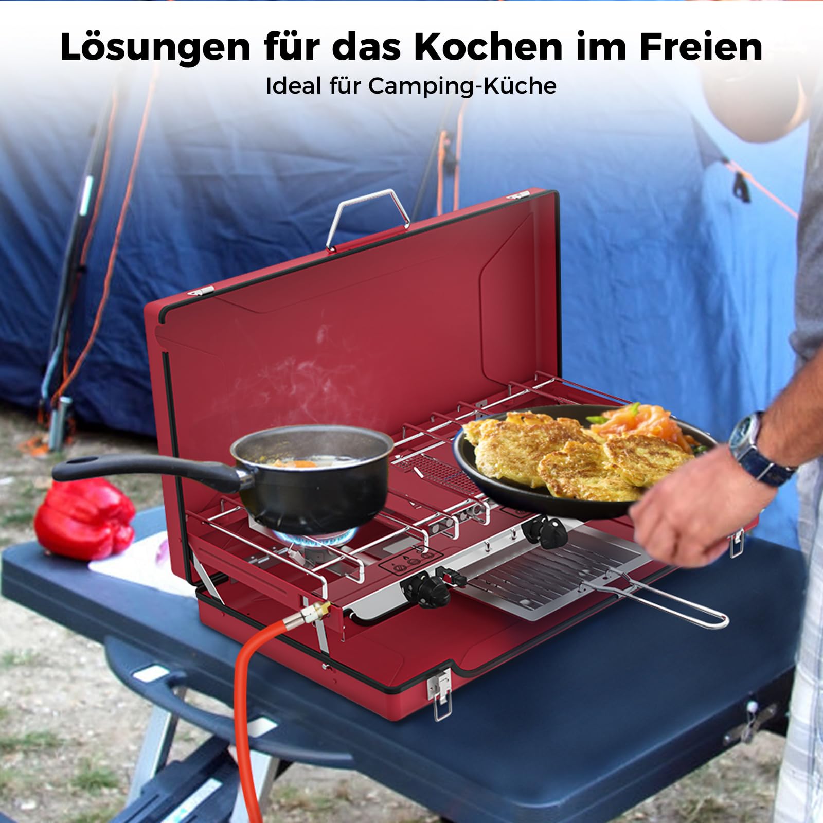 CAMPLUX JK-5330-DE Campingkocher 3-Flammig mit Deckel, 4.5kW Camping Gaskocher mit 50mbar Gasregler, Butan/Propan, Winddicht