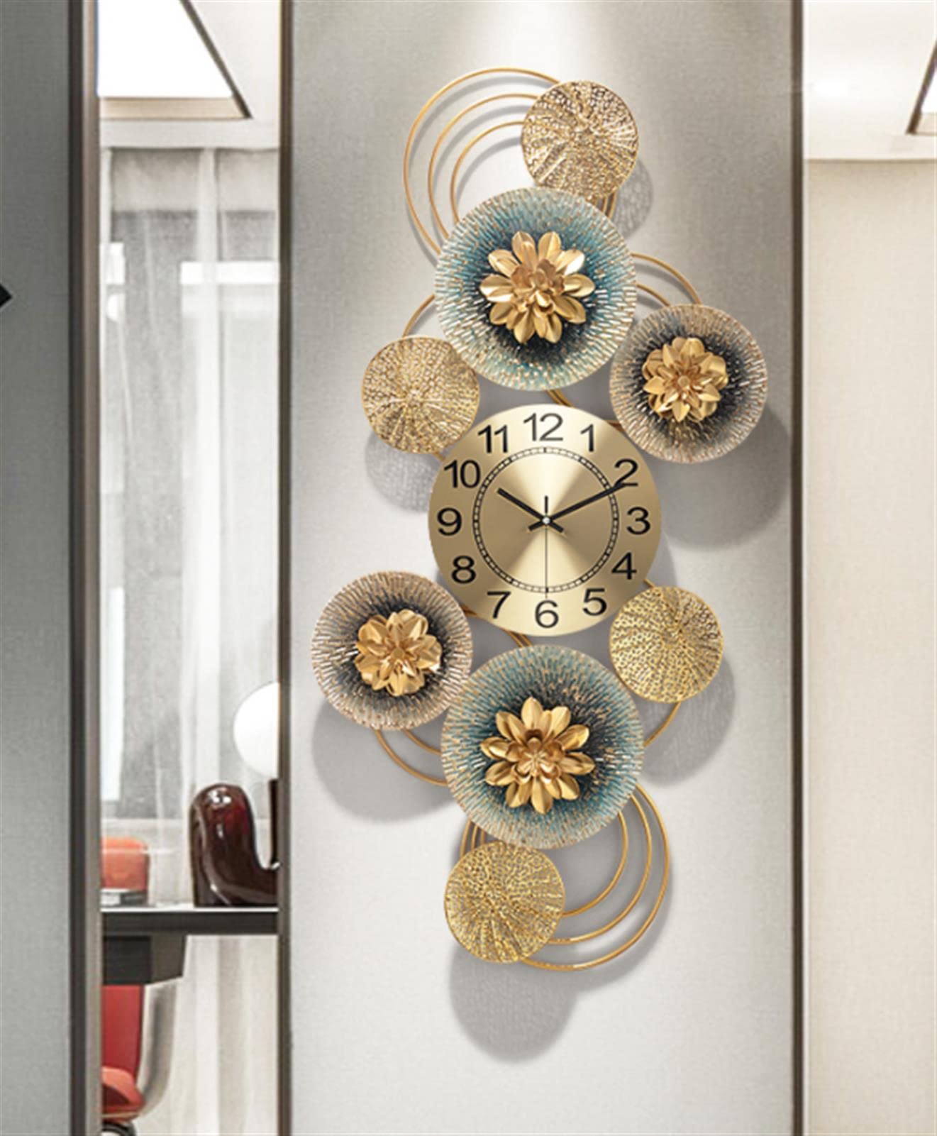 MYUYEE Large 3D Metal for Living Room ation, 34" Wall ation Clock, Silent Non Ticking Battery Operated Quartz Clock