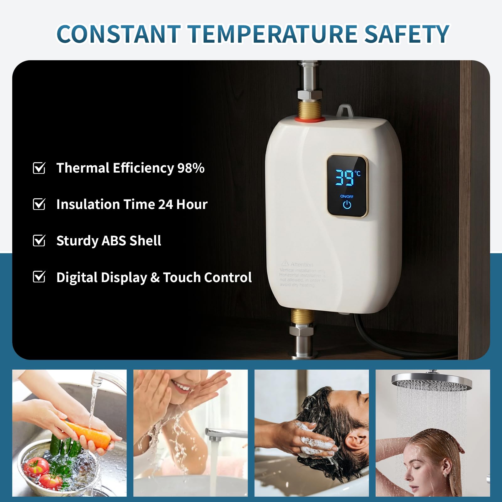 Calentador de agua eléctrico sin tanque, calentador de agua eléctrico sin tanque de 3000 W, 110 V, calentador de agua caliente bajo demanda, eléctrico con visualización digital, calentador de agua
