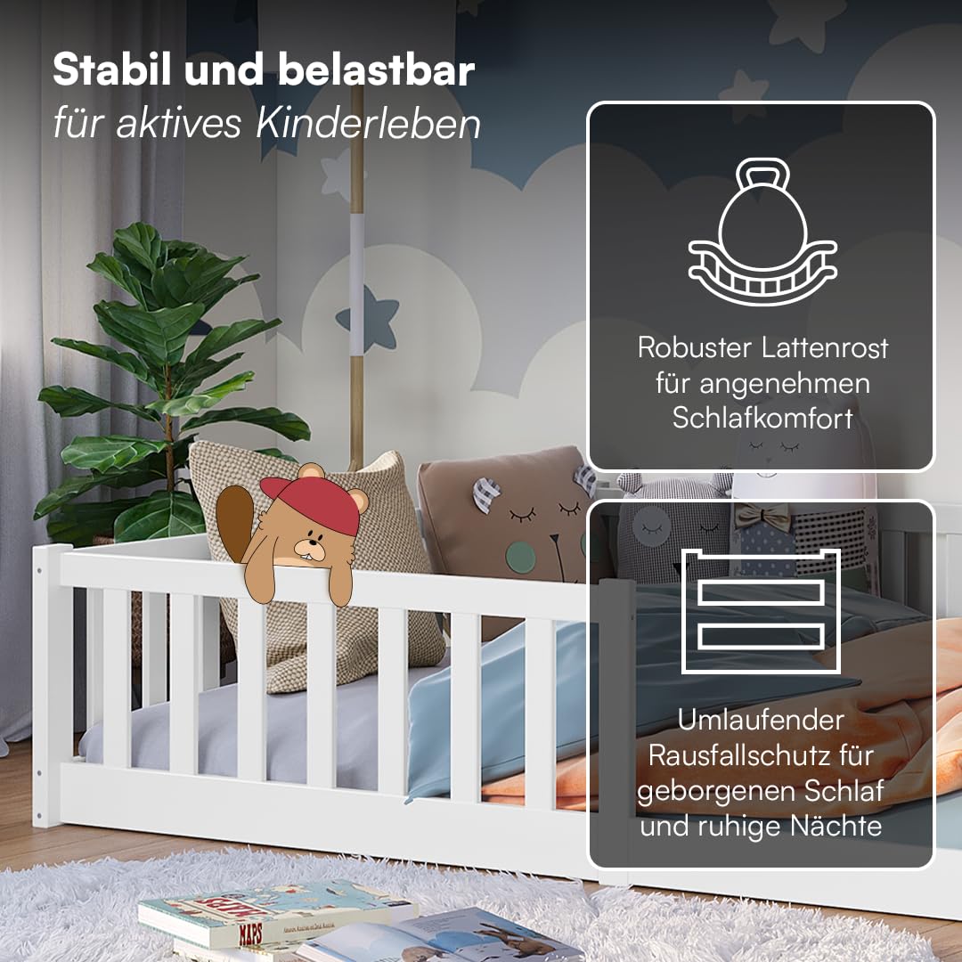 Bellabino Vere Bodenbett 140x200 cm – Montessori Kinderbett mit Rausfallschutz & Lattenrost – Massives Kiefernholz Bett Weiß