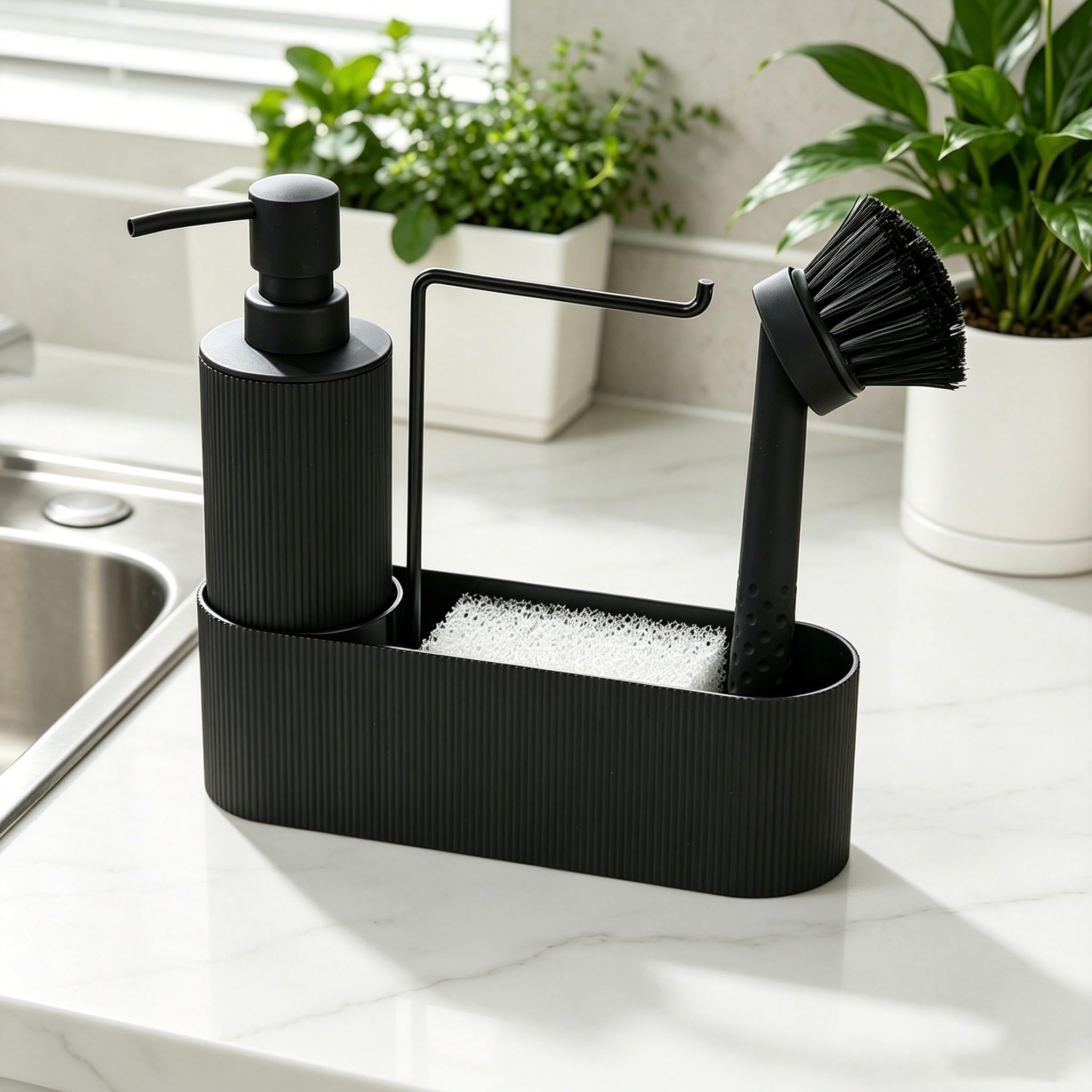 GAHEFY Seifen und Spülmittelspender Set für Küchen mit Seifenspender Spülbürste Schwamm Spültuchhalter, Badezimmer Seifenspender Set für Bad, Küchen Organizer Spüle Schmal (Schwarz)