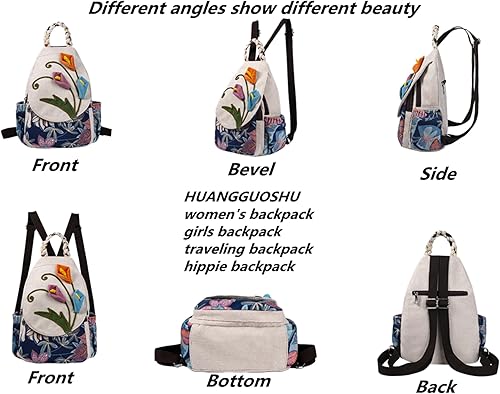 Vista 131 de HUANGGUOSHU Mujer de algodón tejido bohemio cáñamo Boho lona bordado múltiples bolsillos retro linda mochila cartera mochila mochila gato caprichoso