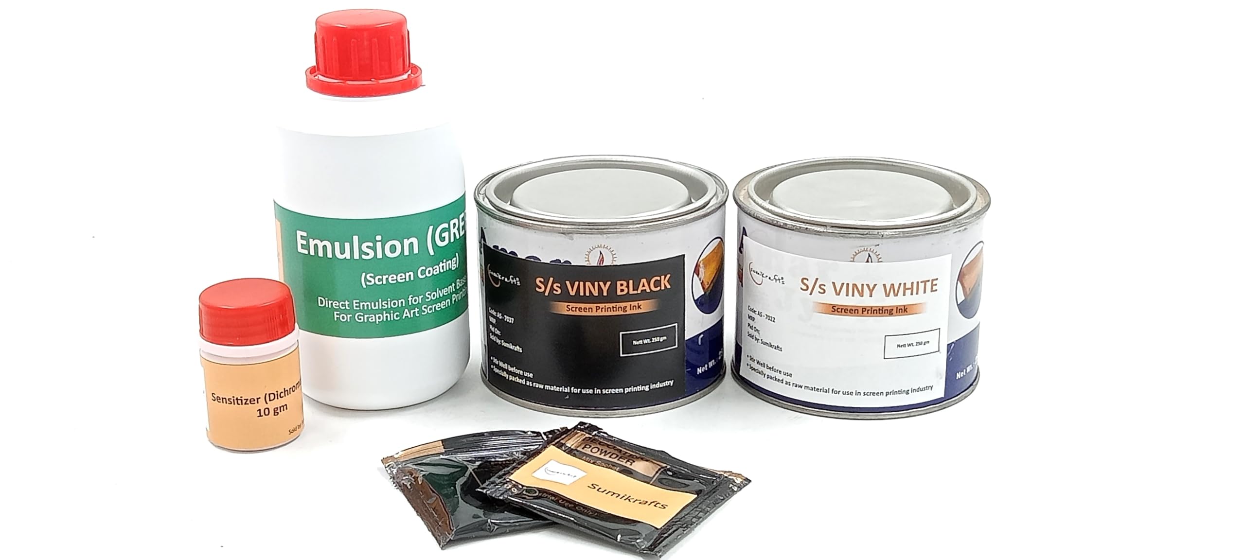 sumikrafts Screen Printing Ink vinysheen Ink Viny Black+Viny White (250gm Each)+Emulsion Green 200gm+Sensitizer 10gm+2 decoating Powder 5gm sachets-image-43