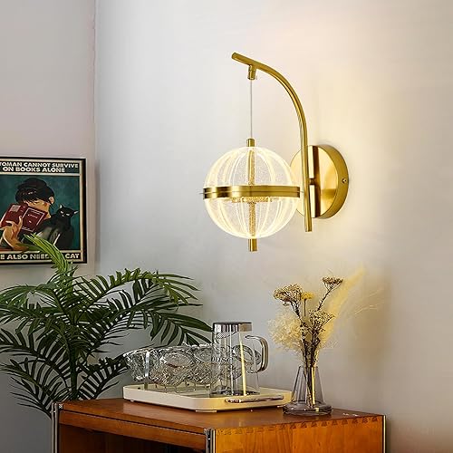 Miniatura 8 de UOFUS Aplique de pared dorado con pantalla acrílica de globo de mediados de siglo, moderna lámpara de pared LED de 12 W, 3000 K/4000 K/6000 K,