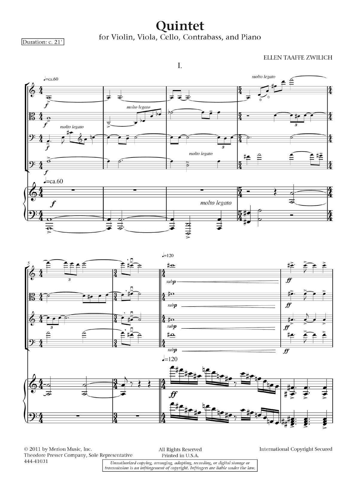 Quintet: For Violin, Viola, Violoncello, Contrabass, and Piano