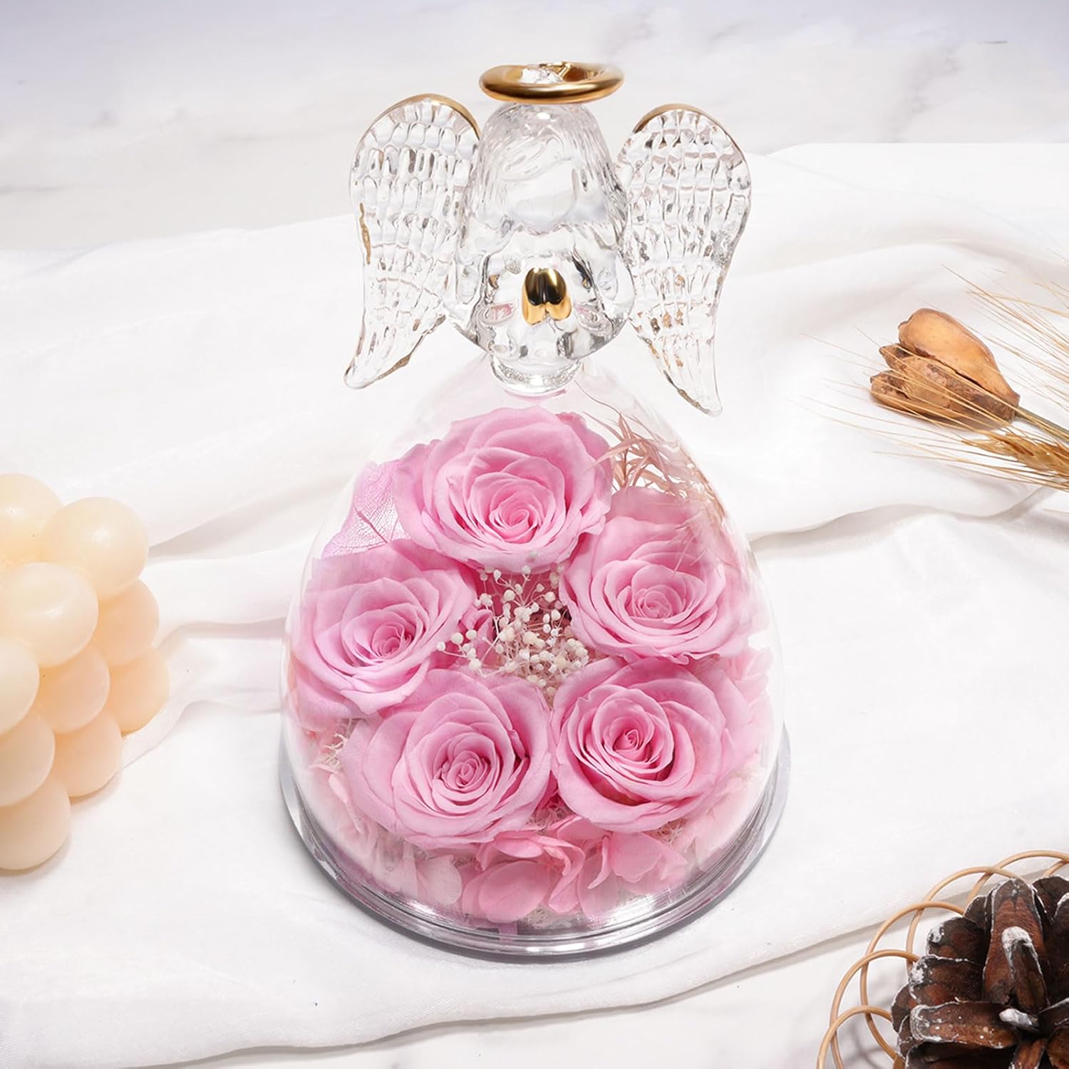 Yamonic Mothers Mom Day Rose Gifts for Mom, Angel Figurine with Five Roses Gifts, Preserved Flowers Forever Real Rose Gifts for Women, Birthday Gifts for Her Mom Grandma Anniversary Wife Gifts - Image 2