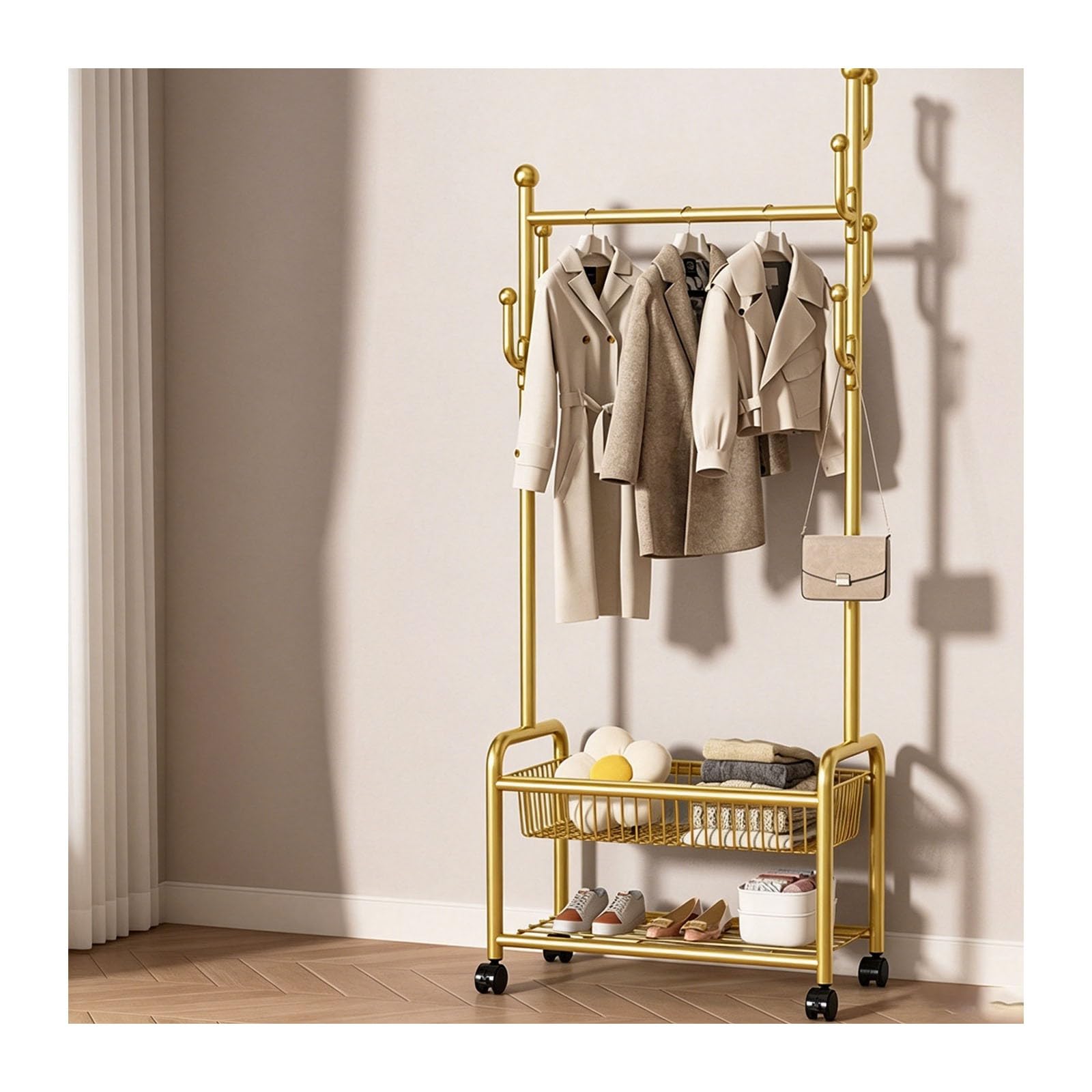 SXDHOCDZ Wooden Clothes Rack with Wheels, Suitable for Bedrooms and Laundry Rooms(gold,120cm)
