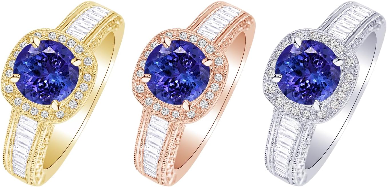 1.45 Carat 14K White Gold Designer Baguette and Round Cushion Shape Halo Diamond Engagement Ring with a 0.75 Carat Natural Tanzanite Center (Heirloom Quality)