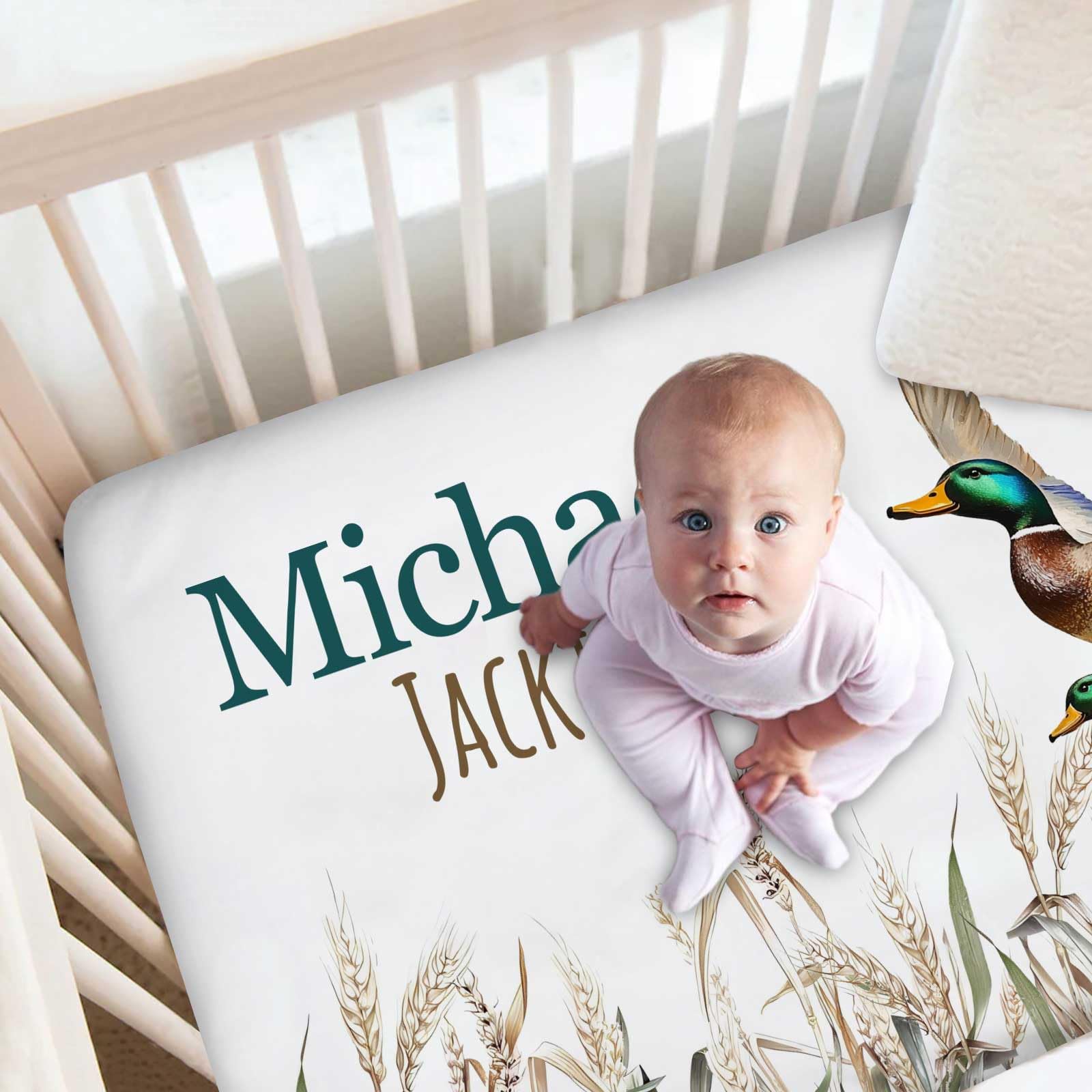 Personalized Crib Sheets with Name - Custom Baby Crib Mattress Sheet for Boys & Girls - Wild Duck Baby Bedding Set - Soft Infant Newborn Fits Standard Mattress & Toddler Bed