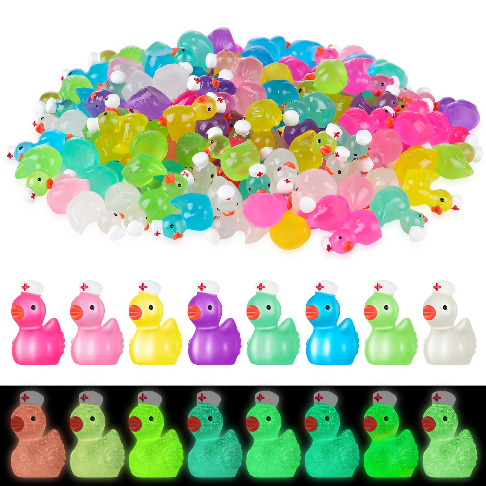 GGSTDDUP 120 Pcs Mini Resin Nurse Ducks Mini Luminous Ducks Miniature Nurse Duck Figurines for DIY Cake Decoration Ornaments Crafts Moss Landscape