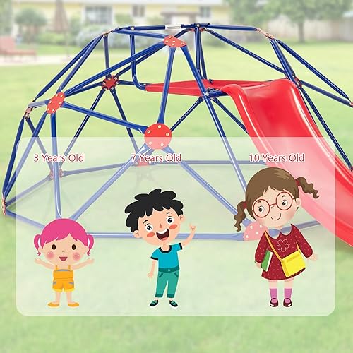 Vista 19 de Olakids Cúpula de escalada con tobogán, para niños al aire libre, gimnasio, cúpula geométrica, marco de acero, estructura de escalada de 8 pies
