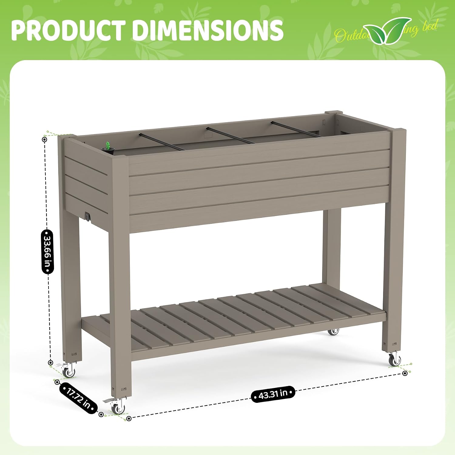 Elevated Raised Garden Bed,Outdoor Large Planter Box with Wheels & Shelf for Backyard Balcony,Dust-Proof Resin Patio Raised Bed for Herbs Flowers Vegetables(Grey)