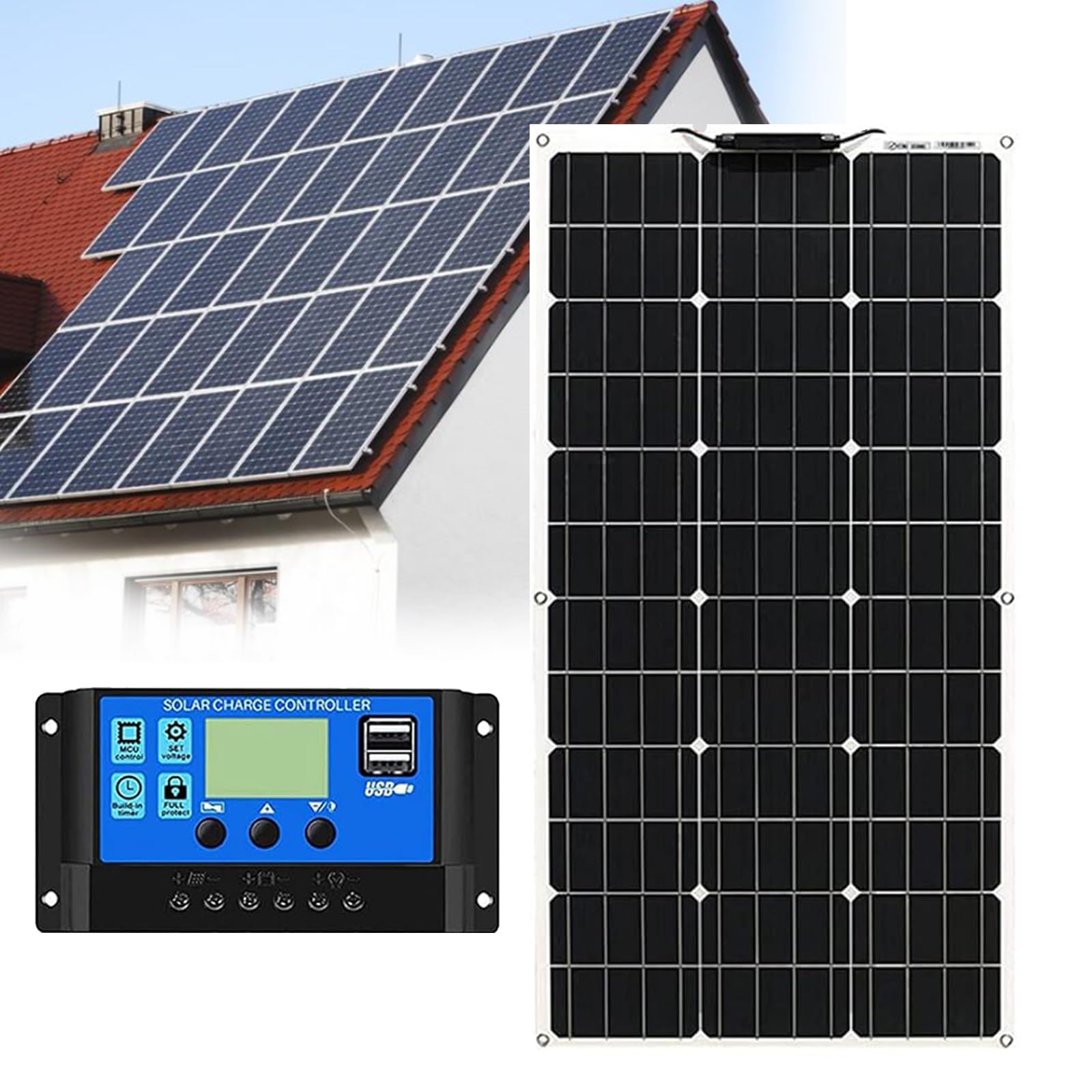 Panneau Solaire Souple Portable 500W monocristallin avec régulateur de Charge Recharge des Batteries 12V 24V et des générateurs(1x500W)