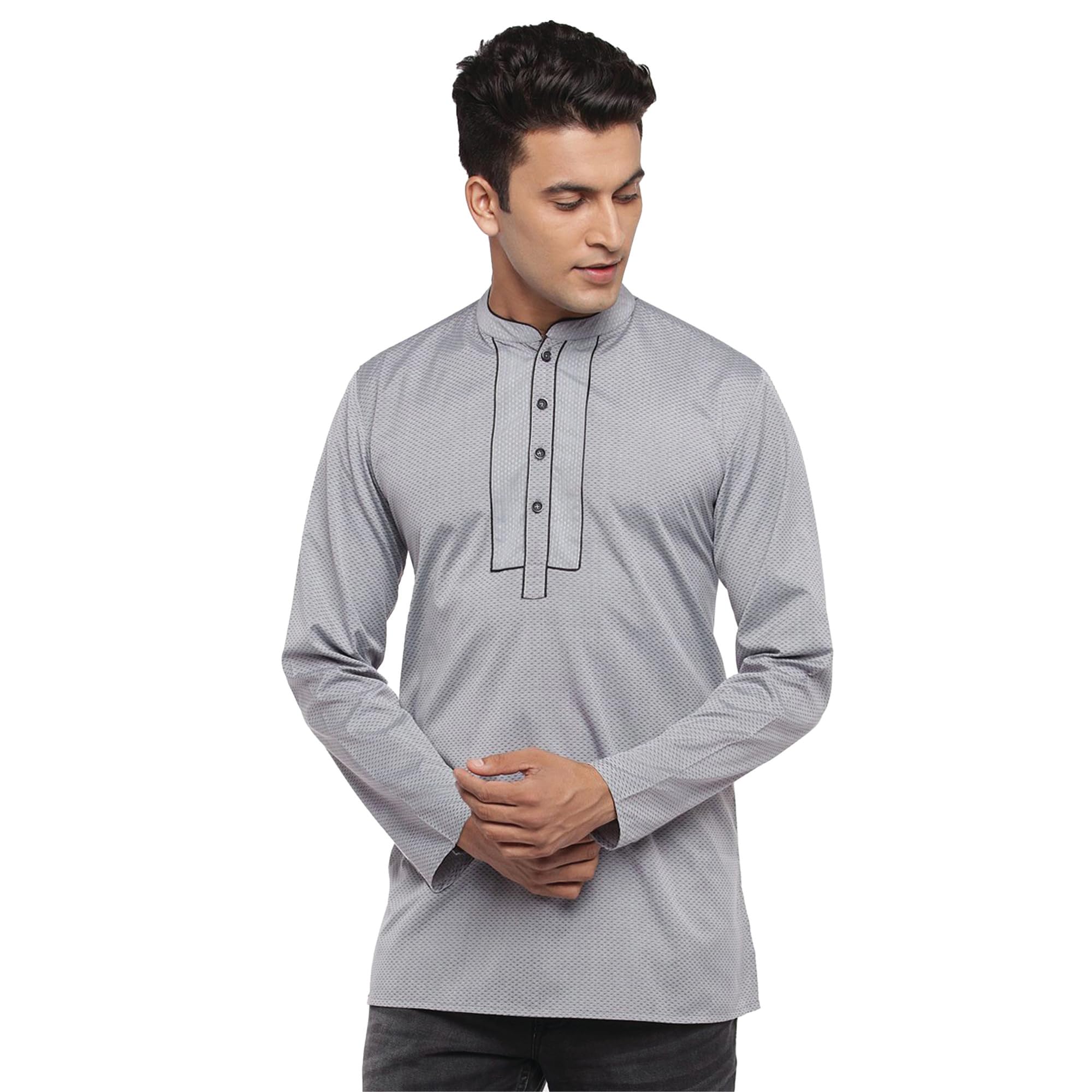 Men’s Grey Cotton Full Sleeve Textured Kurta | Regular Fit with Mandarin Collar & Button Closure | Hip Length-image-41