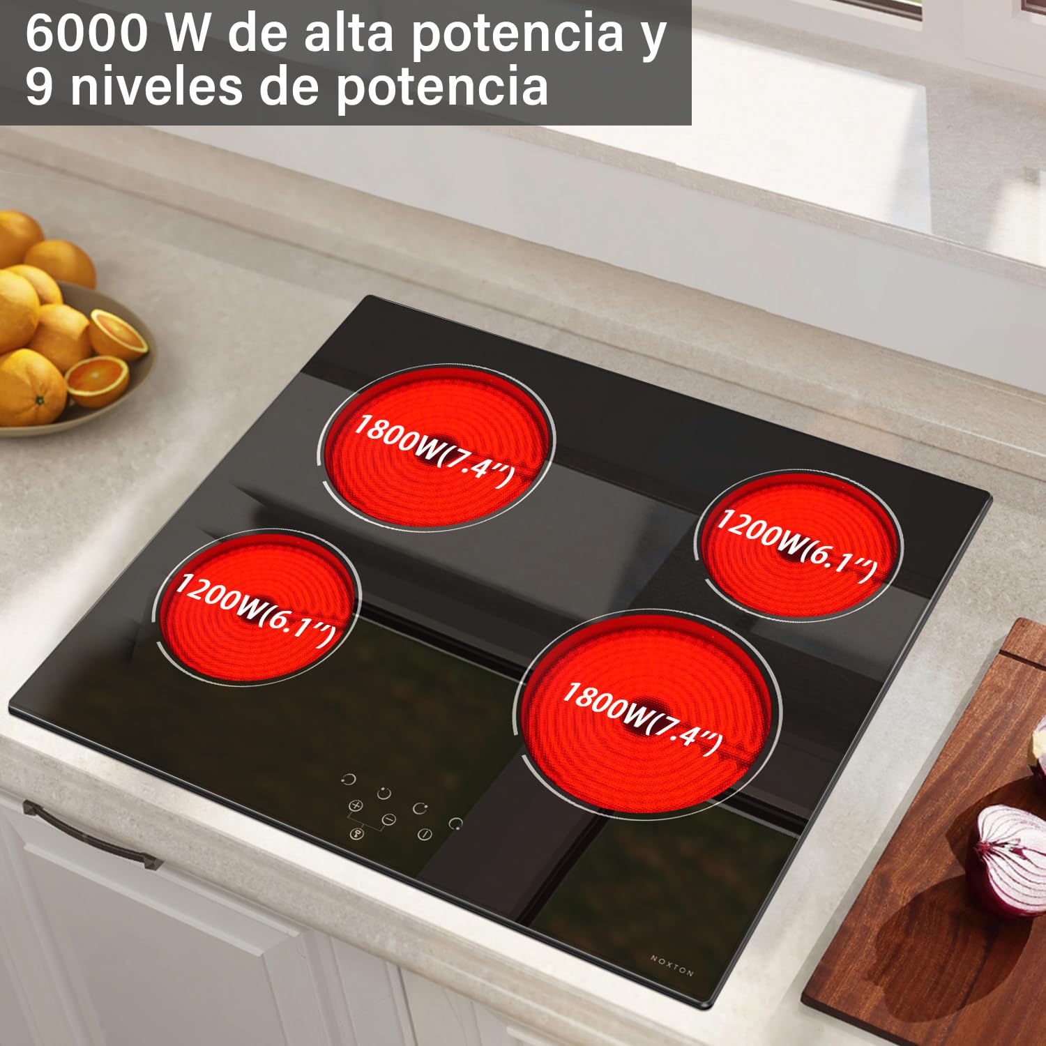 NOXTON Placa vitroceramica 4 fuegos, 60 cm, Control táctil, 6000 W | 9 niveles de potencia, Bloqueo para niños, Indicador de calor residual, 220-240V, Encastrable, Sin enchufe.