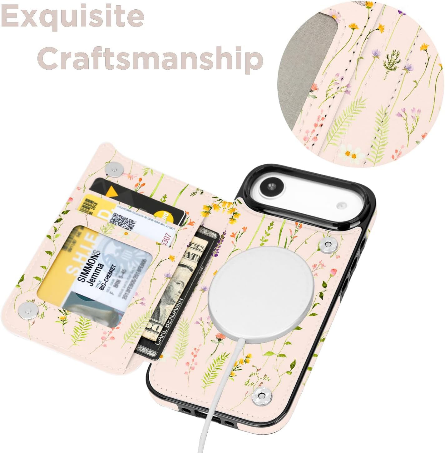 uCOLOR for iPhone 17 Air Wallet Case Magsafe with Card Holder Slot【Compatible with MagSafe】 Folio Flip PU Leather Double Magnetic RFID Design with Camera Lens Protector 6.5" (Nude Wild Flower)