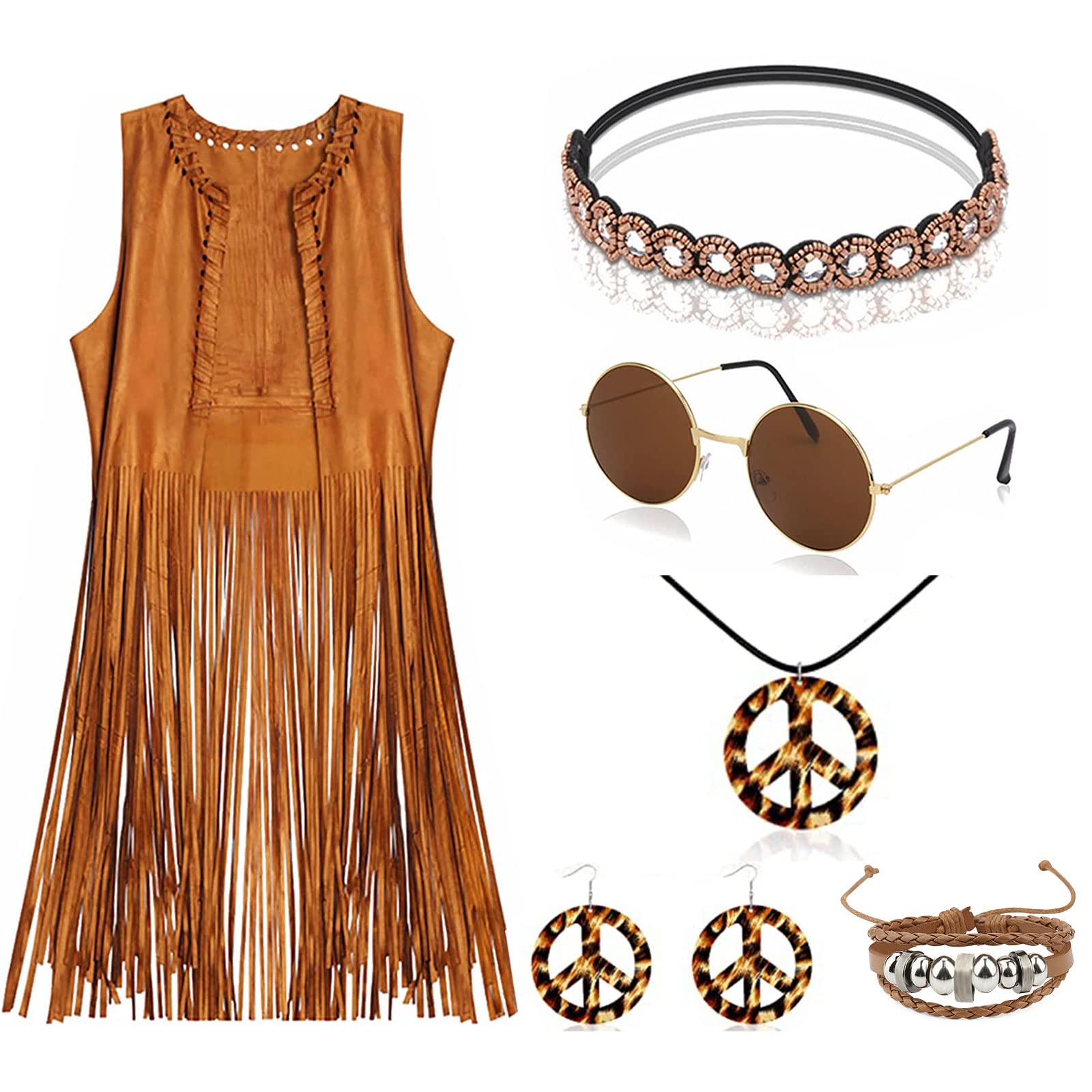 Accesorios de disfraz hippie para mujer, conjunto de hippie de disfraz de los años 70, chaleco con bombillas, banda, brazalete, pendientes, collar, gafas de sol, disfraz disco de carnaval