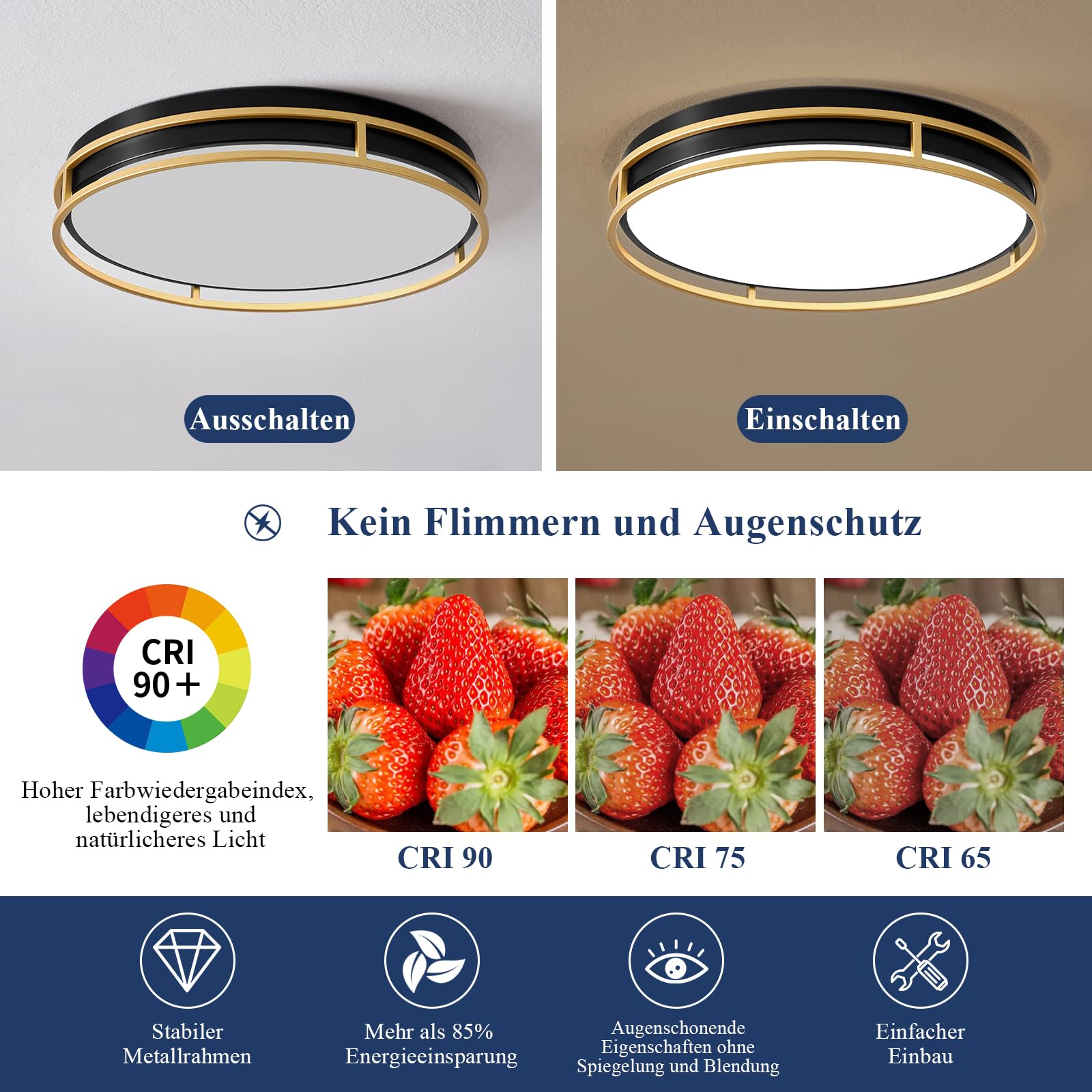 Plafonnier LED,Luminaire Plafonnier Métal Noir et Doré,40CM lampe plafond Rond pour Chambre, Salon, Cuisine, Couloir, Salle à manger 36W 4000K