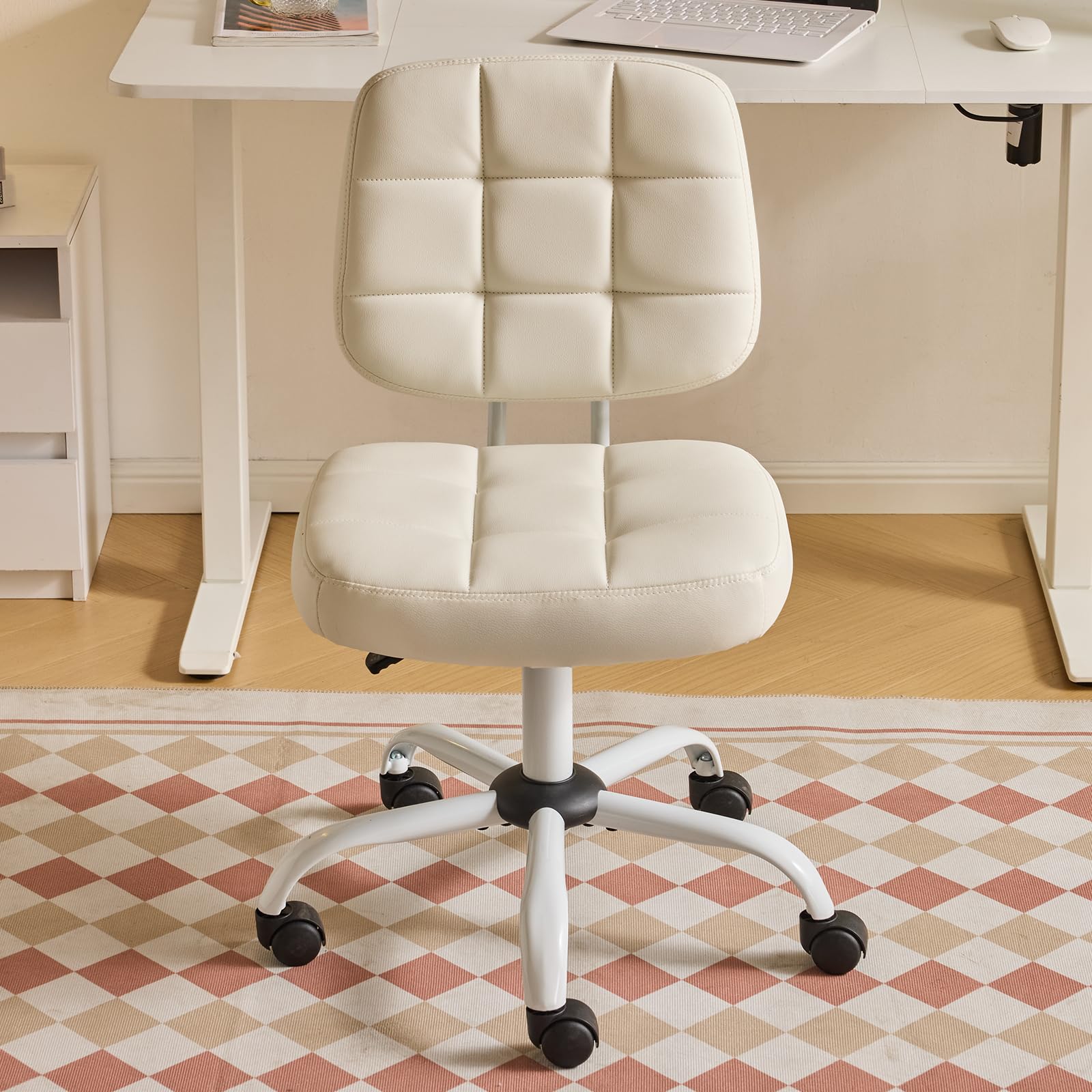 Bonnlo Bürostuhl ohne Armlehne, Kleiner komfortabler schreibtischstuhl mit Rollen, Drehstuhl Höhenverstellbar für Büro, Schlafzimmer, Arbeitszimmer, Schminkstuhl aus Leder, Weiß