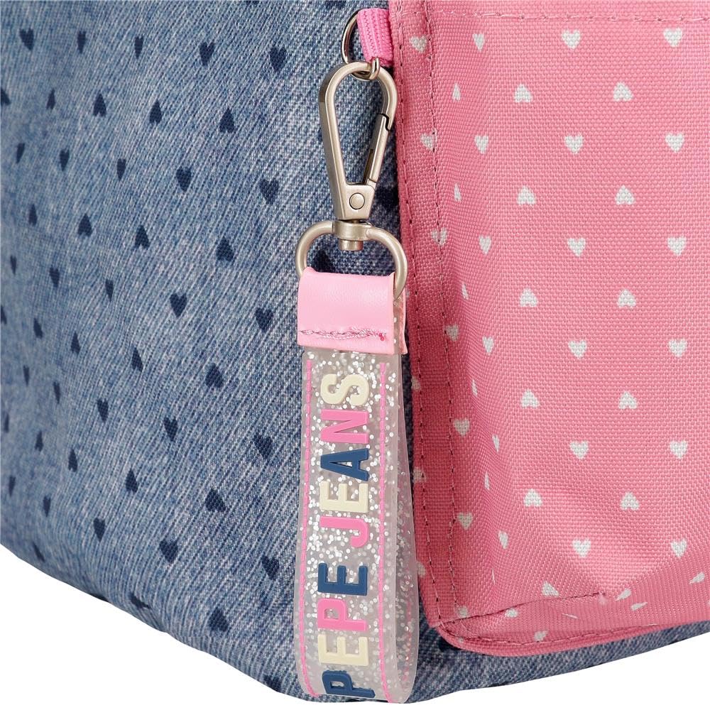 Pepe Jeans Noni denim Mochila escolar, azul y rosa, fabricada en Poliéster, Tirantes ajustables para llevarla cómodamente, varios compartimentos, Con llavero pompón, de Joumma Bags