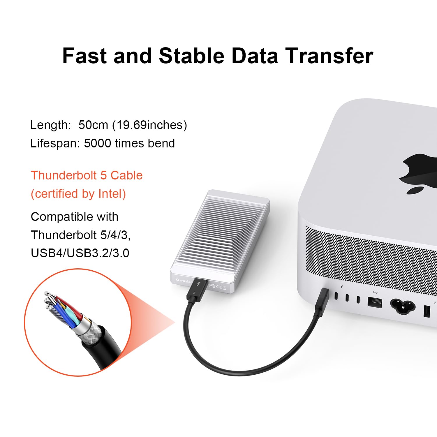 QWIIZLAB Obudowa bez wentylatora 80 Gbps NVMe z aluminiową obudową, kompatybilna z Thunderbolt 5/4/3, wstecznie kompatybilna z USB4/UBS3.2/3.1/3.0, obsługuje PCIe M.2 SSD do 8 TB (srebrny)