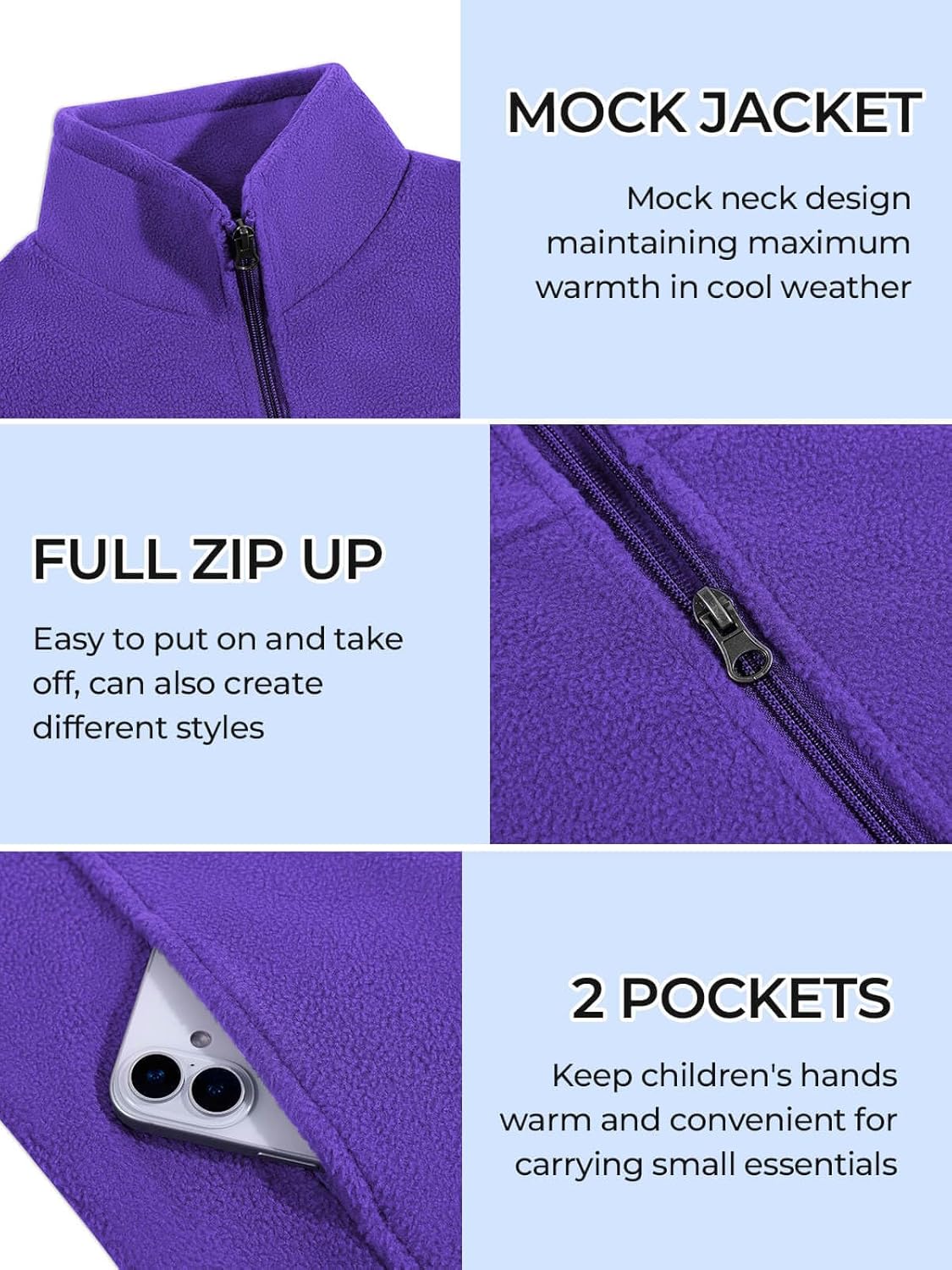 Haloumoning Boys Zip Up Fleece Jacket Kids Lightweight Outerwear Long Sleeve Mock Neck Coat with Pockets 5-14Y - Image 5