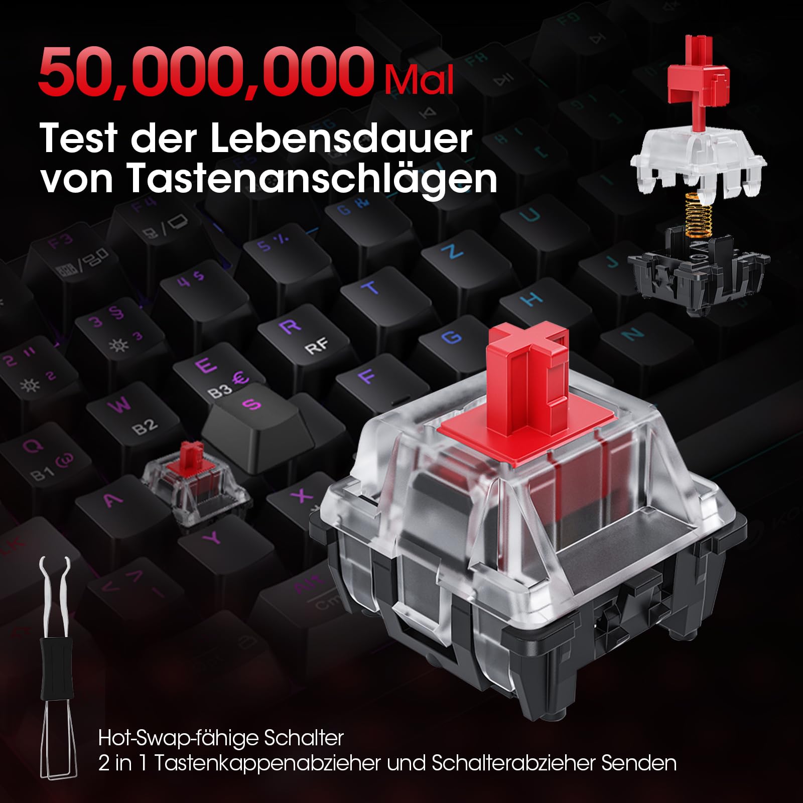KOORUI Mechanische Gaming Tastatur, Kabellos/Kabelgebunden/Bluetooth, 26 RGB, Wiederaufladbar 4000mAh, 82 Tasten Deutsches Layout QWERTZ, Roter Schalter