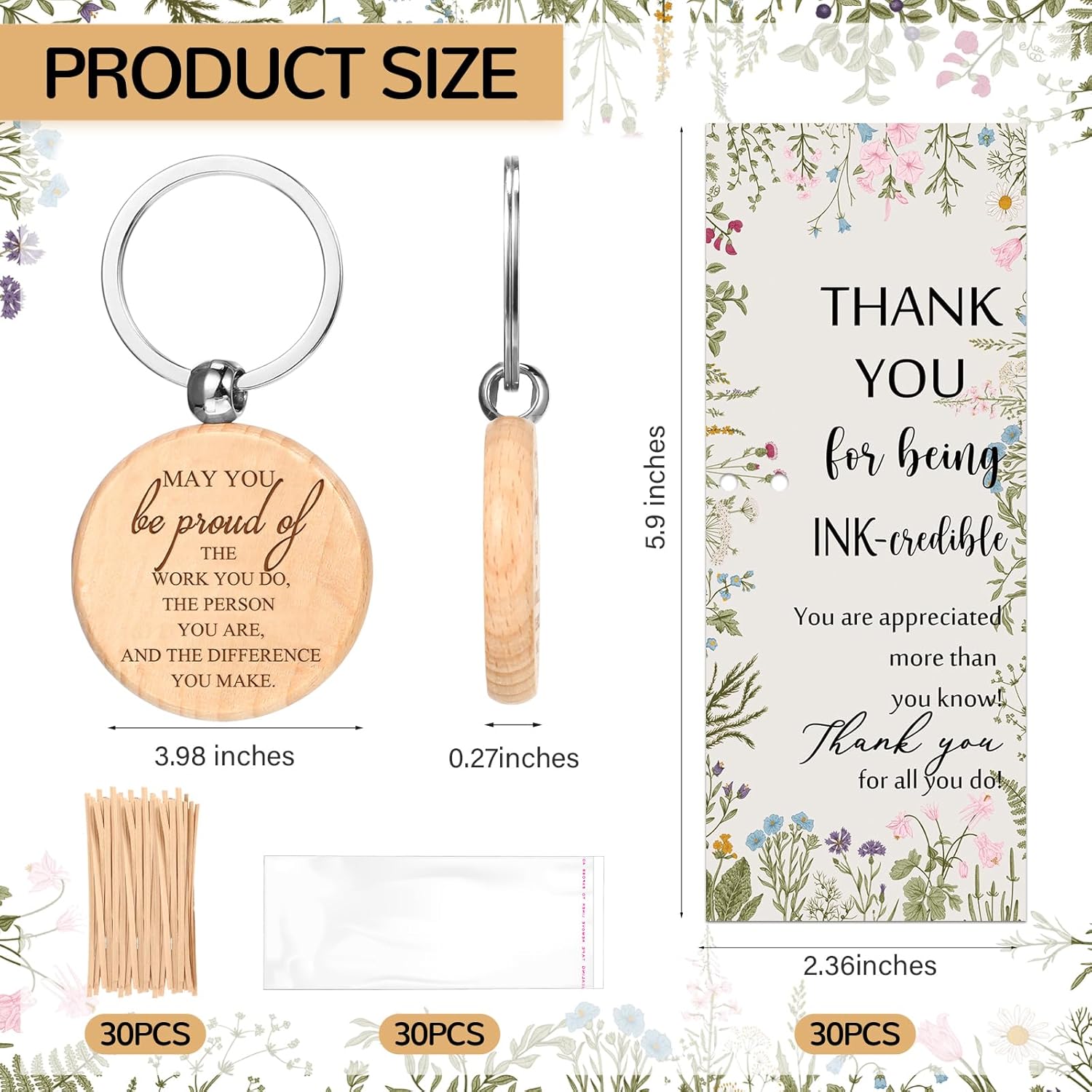 Dispowreath 30 Sets Thank You Gifts Inspirational Bamboo Pens Employee Appreciation Gifts with Motivational Wooden Keychain Thank You Cards for Coworker Team Office Staff Teacher Nurse Volunteer