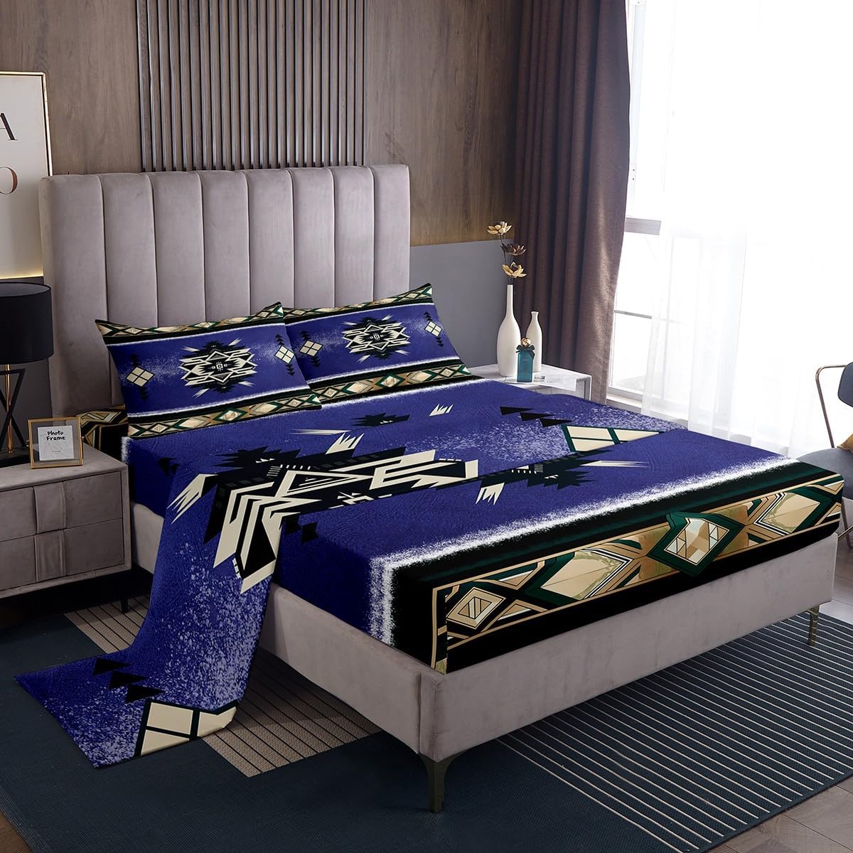 Manfei Rustic Native Ethnic Sheet Set Queen Size, Aztec Native American Bedding Set for Kids Boys, Abstract Geometric Boho Bed Sheet Set 4pcs with Deep Pocket Fitted Sheet + Flat Sheet + 2 Pillowcases