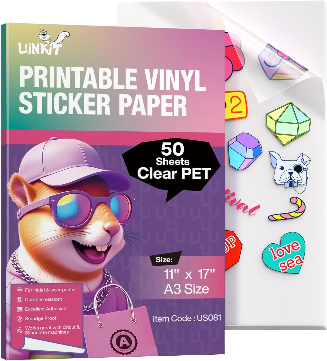 Uinkit 50 Sheets Premium 100% Clear Printable Vinyl Sticker Paper Durability Adhesive Paper 11 x 17,