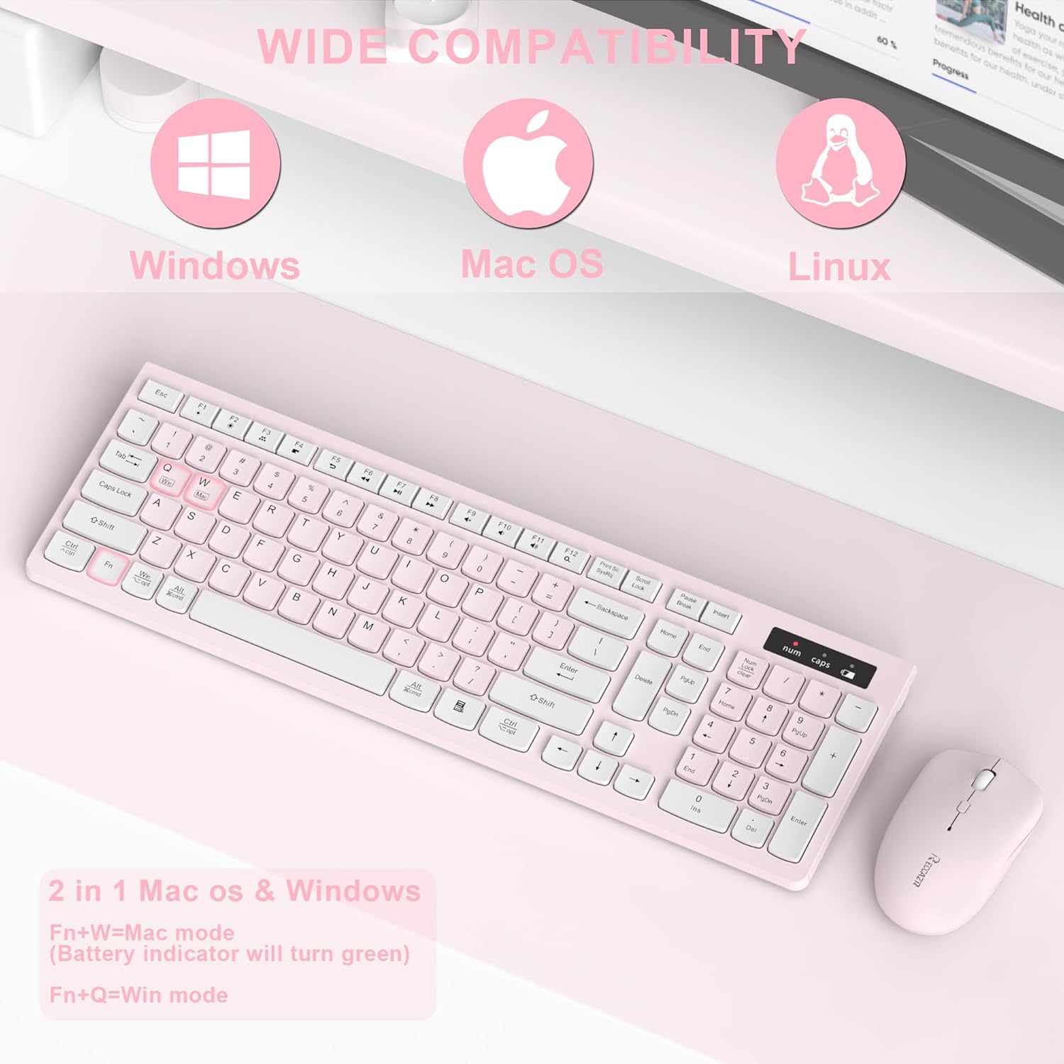 Wireless Keyboard and Mouse Combo, Reccazr 2.4G Full-Sized Keyboard and Mouse Cordless, 3 DPI Adjustable Mouse, Dual-System Keyboard for Computer/Laptop/Windows/Mac (Pink & White) 6