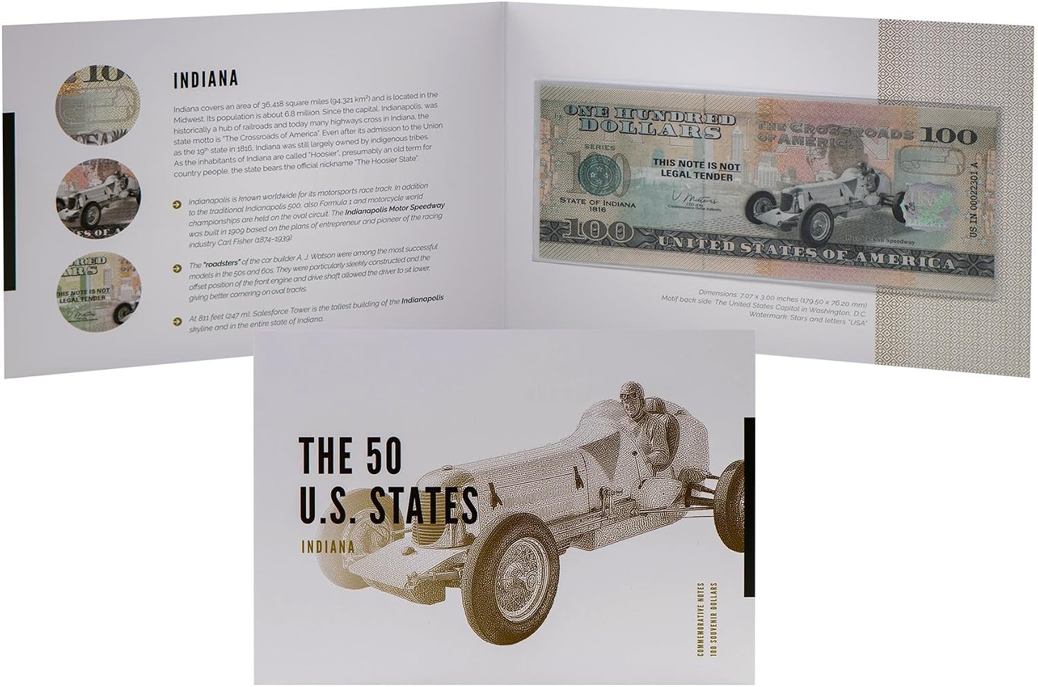 HOBBY OF KINGS USA 100 Dollar Note | Indiana Commemorative Souvenir | Carl Fisher Portrait | Indianapolis Speedway | Collector's Album | The 50 U.S. States Edition image 2