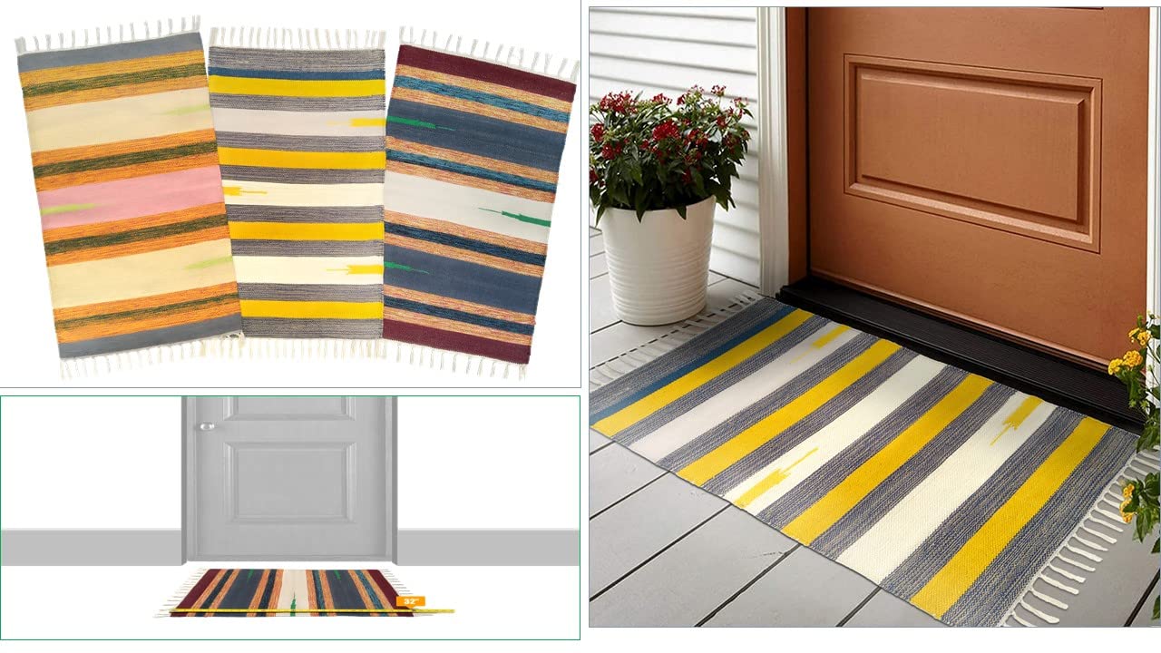 H2H House2Home Door Mat, Cotton, 3pc. Combo, Traditional Kilim Design | Solid Shade - Multicolored, Size (50x80cm)