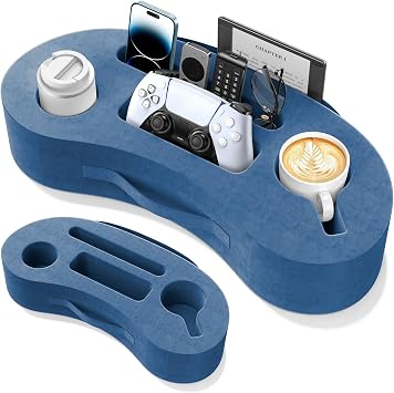 Couch Cup Holder Pillow, 20"x9" Couch Caddy Organizer, Sofa Cup Holder for Bed, Large Size Cup Cozy Pillow for Remote, Drink, Snack, Phone, Game Controller, Kindle, Washable, Blue