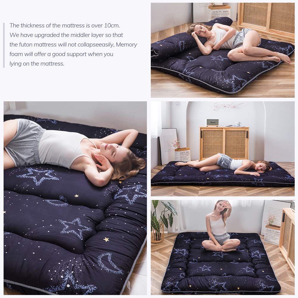 MAXYOYO Colchón tipo futón acolchado, tapete de tatami grueso, plegable, enrollable, colchón para dormitorio, tumbona de suelo, almohada (Luna y estrella, King)