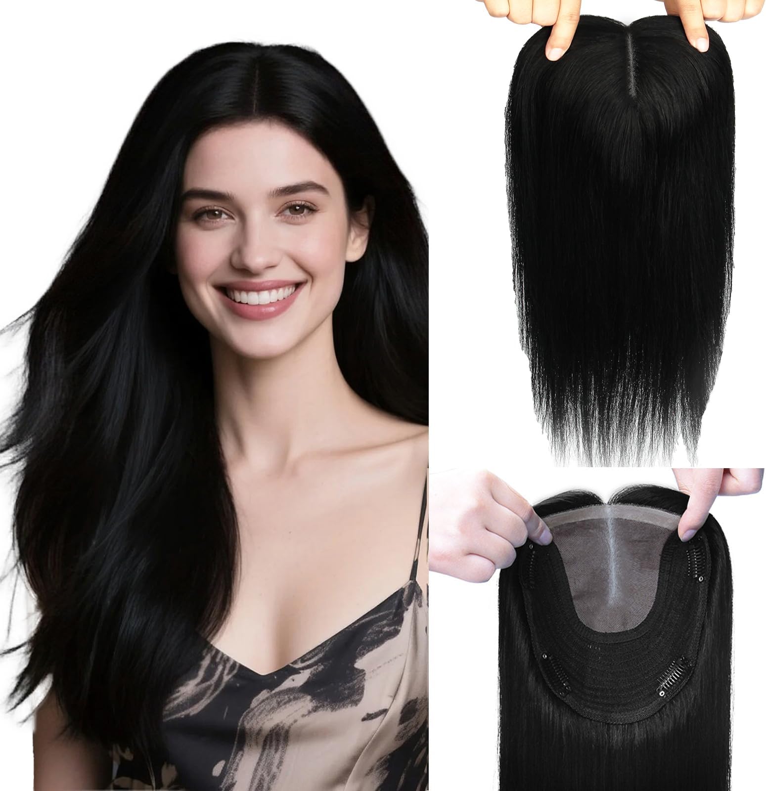 Hair Topper 16inch Hair Toppers for Women Real Human Hair 360° 3D 75g Natural Hairpiece Wiglet Extensions for Thin 6x7inch Large Base (#1Toppers-16inch)